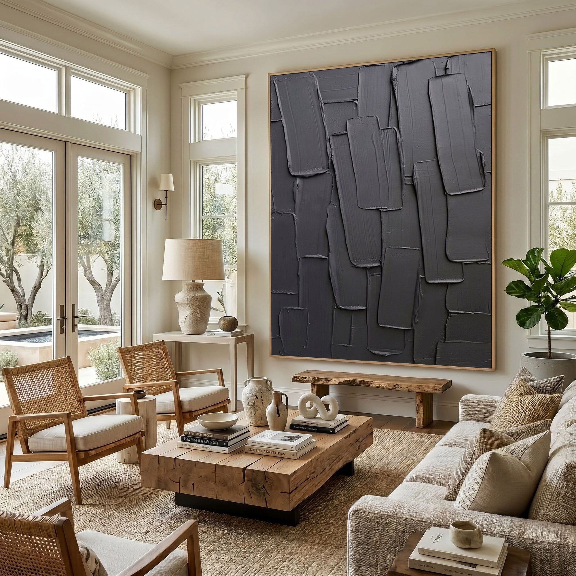 Black Gray Abstract Wall Art Textured Relief Painting Handmade Impasto Modern Minimalist Home Decor