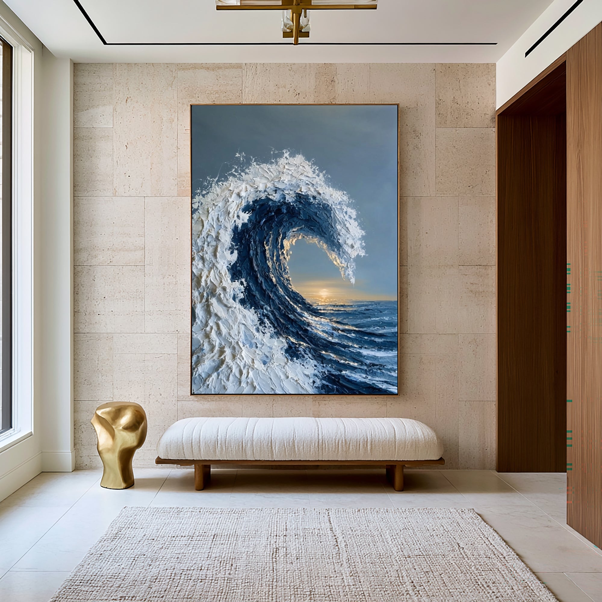 Large Modern Coastal Ocean Wall Art Textured Wave Oil Painting Seascape Cowboy Cowgirl Inspired Vintage Americana Artwork Contemporary Home Decor