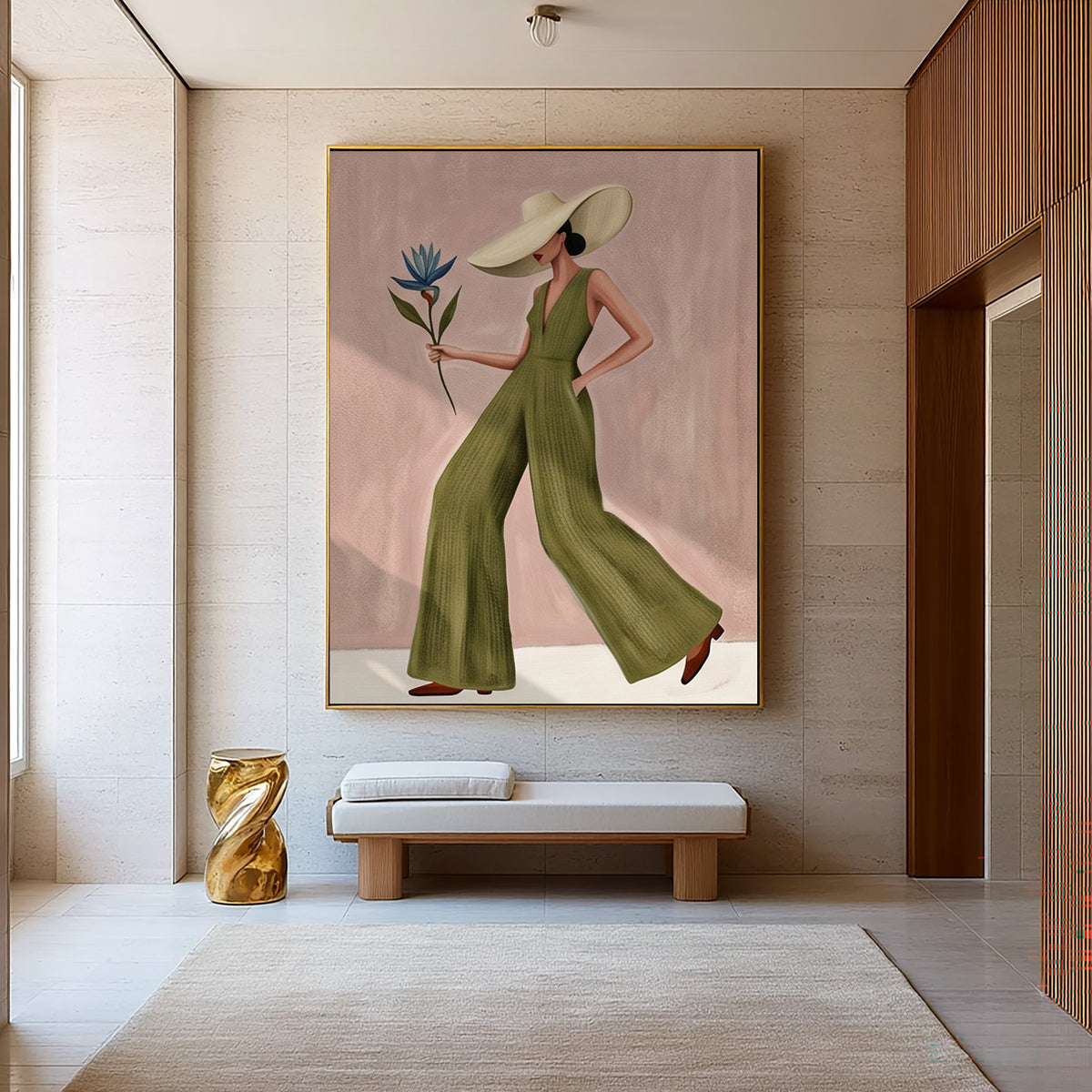 Modern Fashion Woman Painting Green Jumpsuit Wall Art