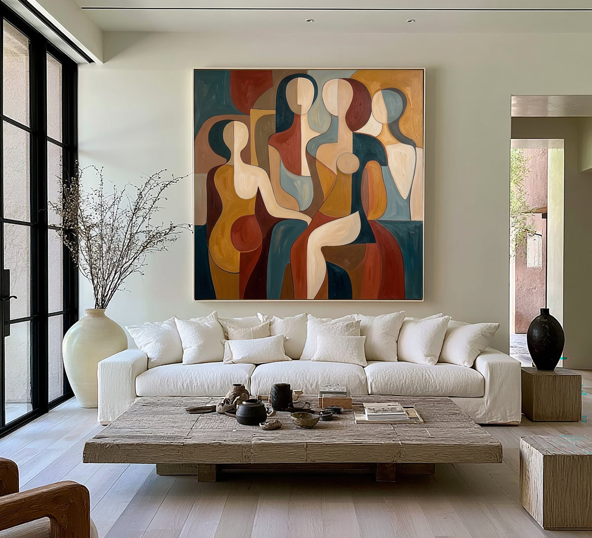 Large Geometric Abstract Female Figures Wall Art Modern Cubist Inspired Oil Painting Colorful Figurative Portrait Contemporary Living Room Decor