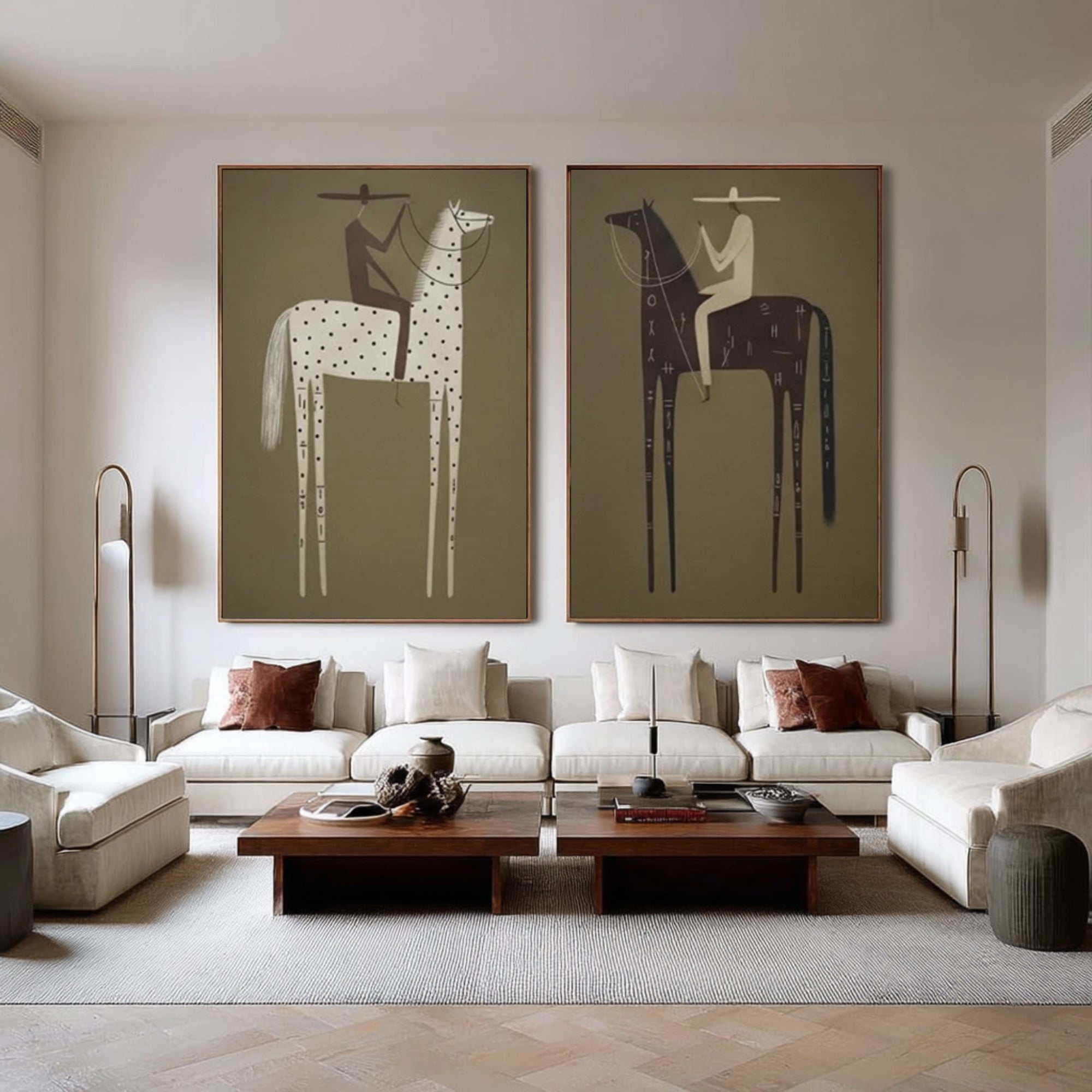 Large Folk Art Horse Paintings Contemporary Minimalist Diptych