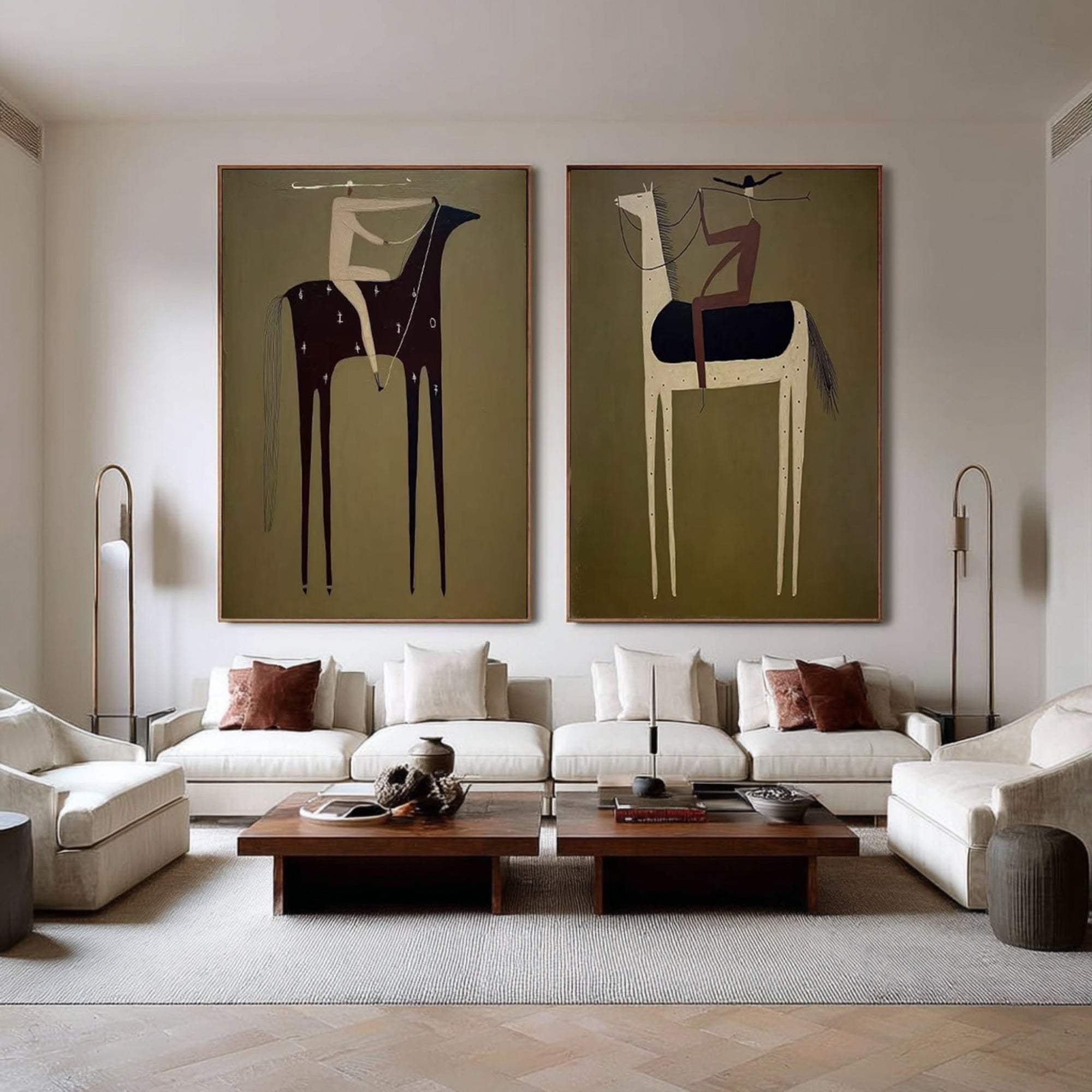 Large Luxury Horse Rider Canvas Art Contemporary Neutral Diptych Painting