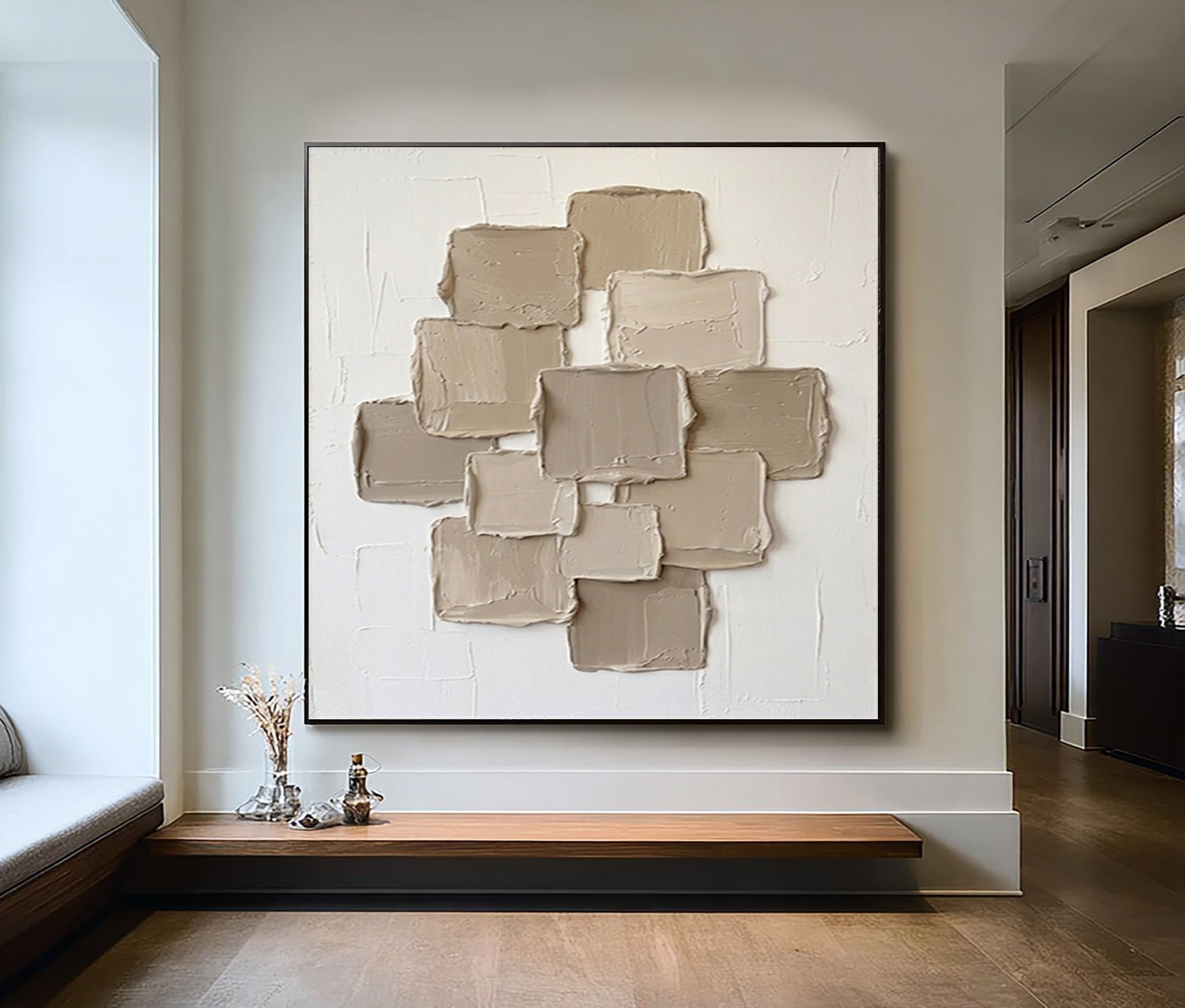 Large Contemporary Textured Wall Art Beige Geometric Canvas