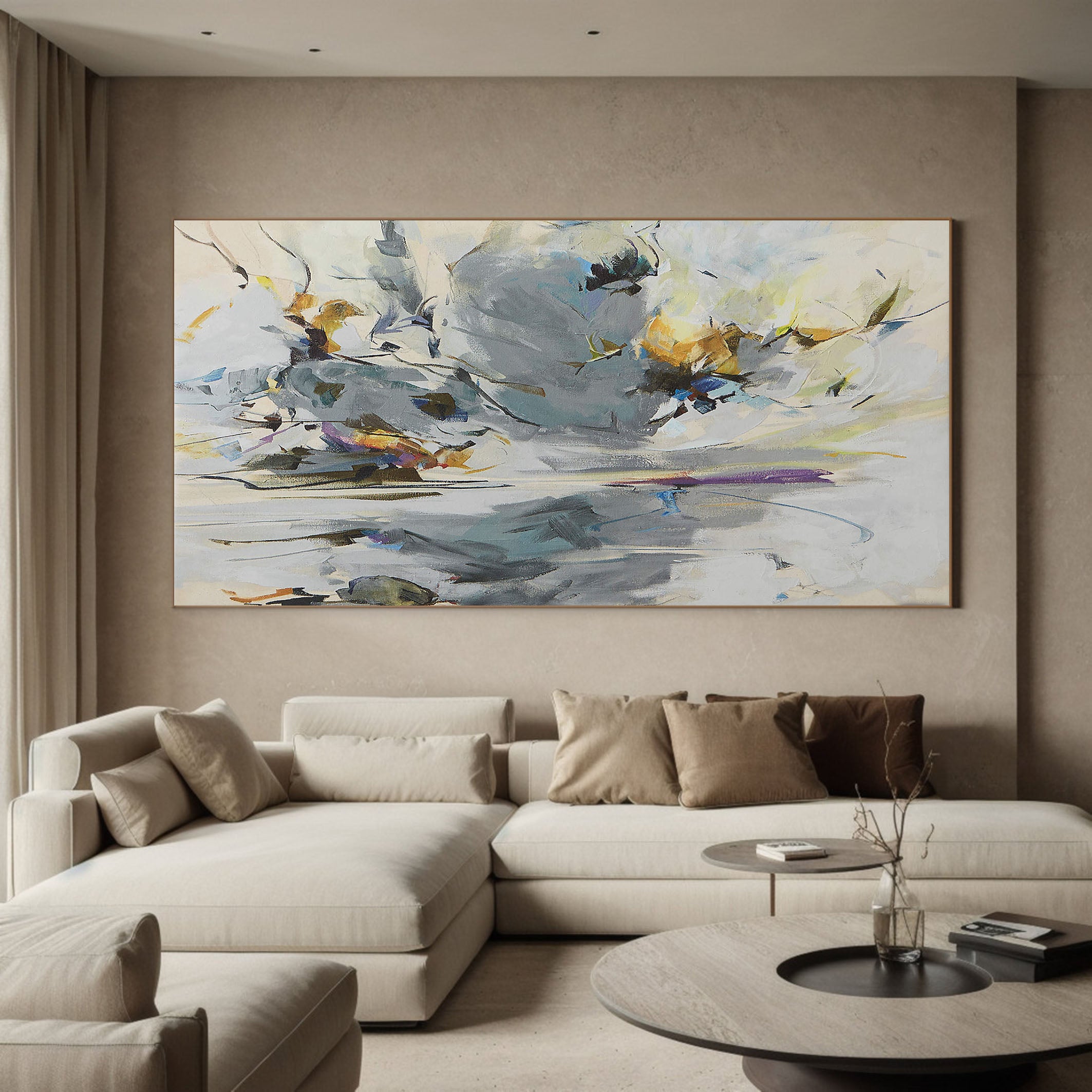 Horizontal Abstract with Gray Swirls , Contemporary Wall Art #MM363