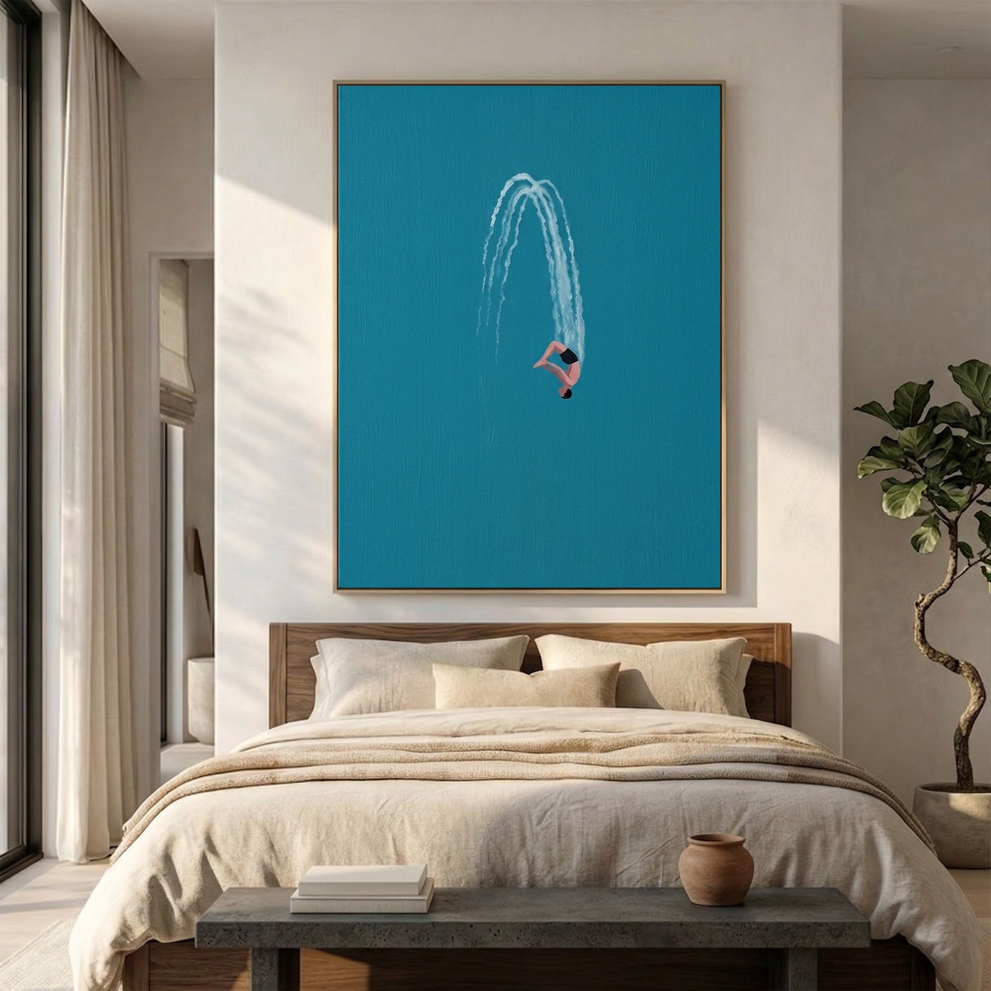 Large Minimalist Diver Wall Art Modern Swimming Oil Painting Coastal Decor