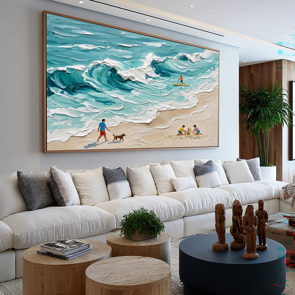 Large Textured Oil Painting Family Beach Scene Turquoise Ocean Coastal Art