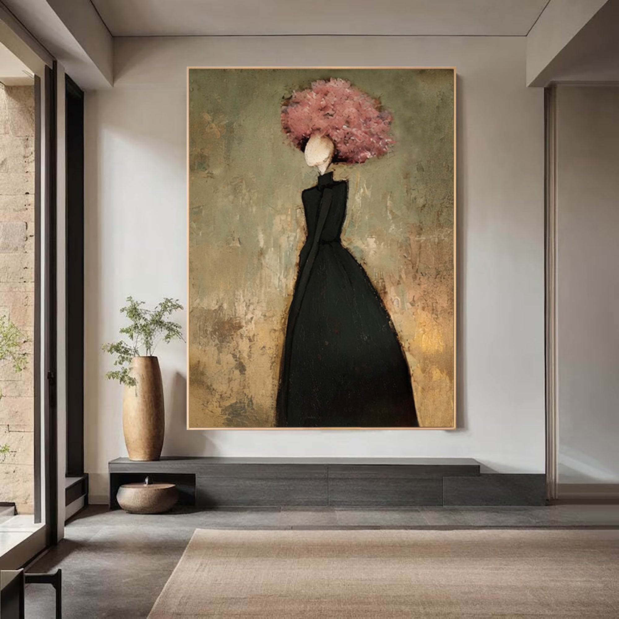 Large Woman Silhouette Wall Art Floral Oil Painting Modern Abstract Black Dress Contemporary Interior Decor