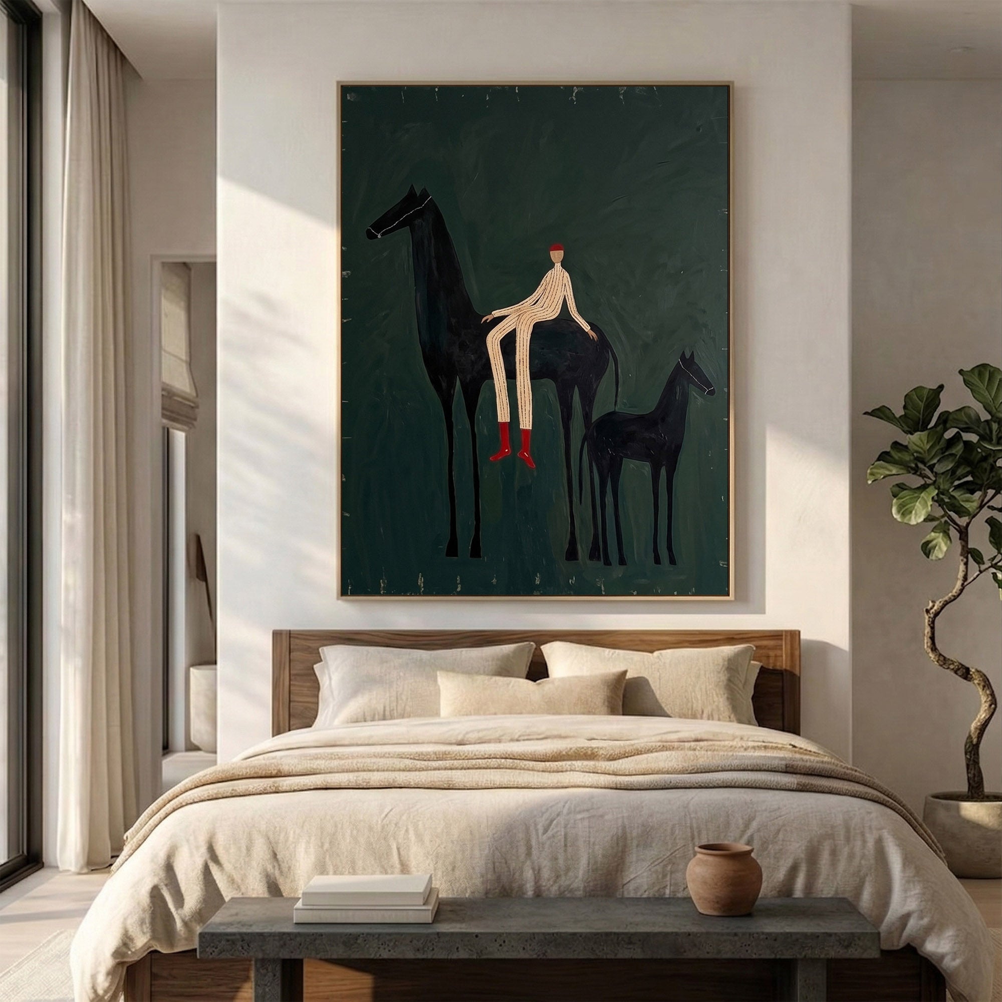 Large Cowboy Horse Wall Art Green Western Equestrian Painting