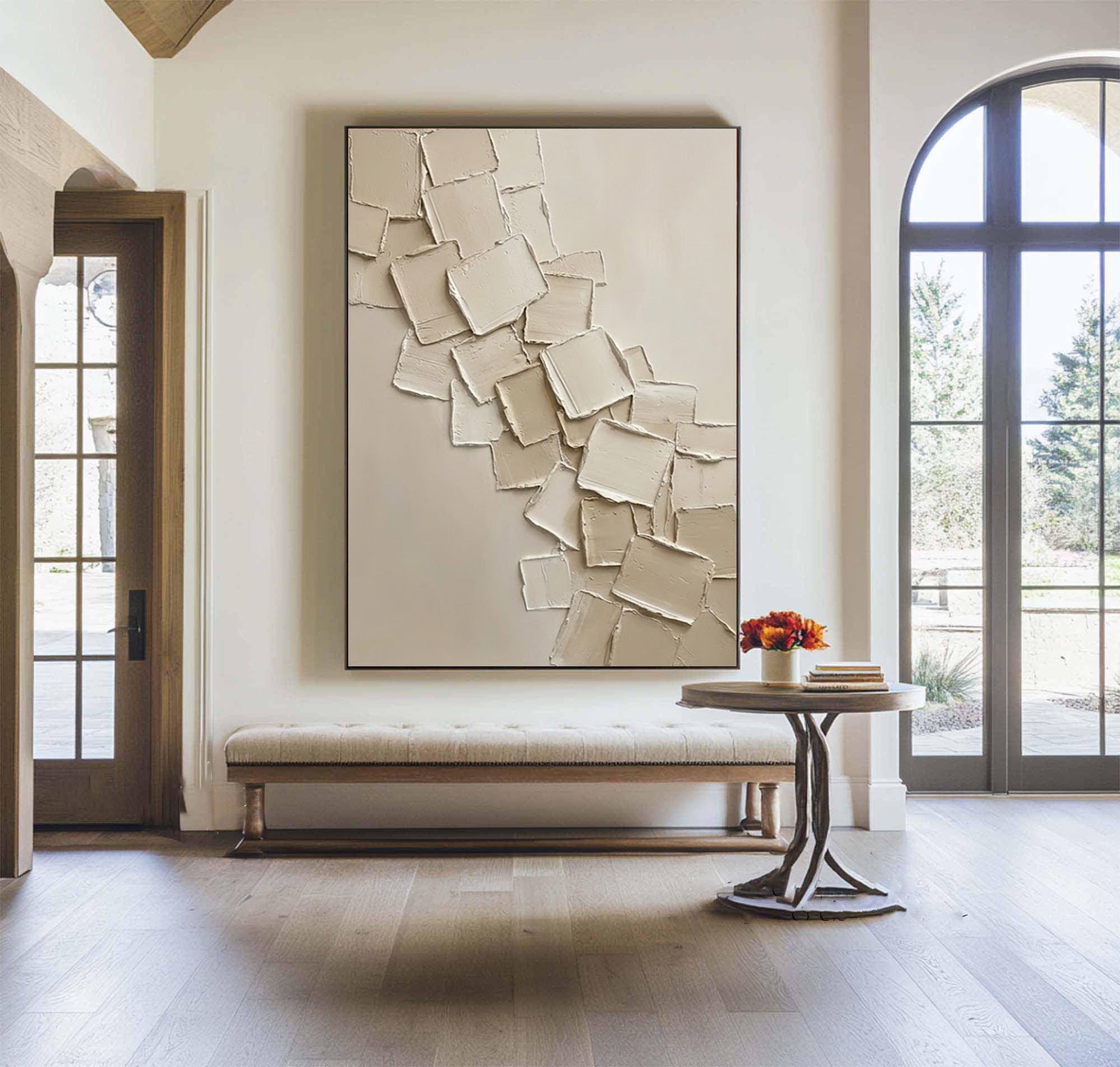 Large Minimalist Neutral Oil Artwork – Hand Painted Beige Texture Wall Decor