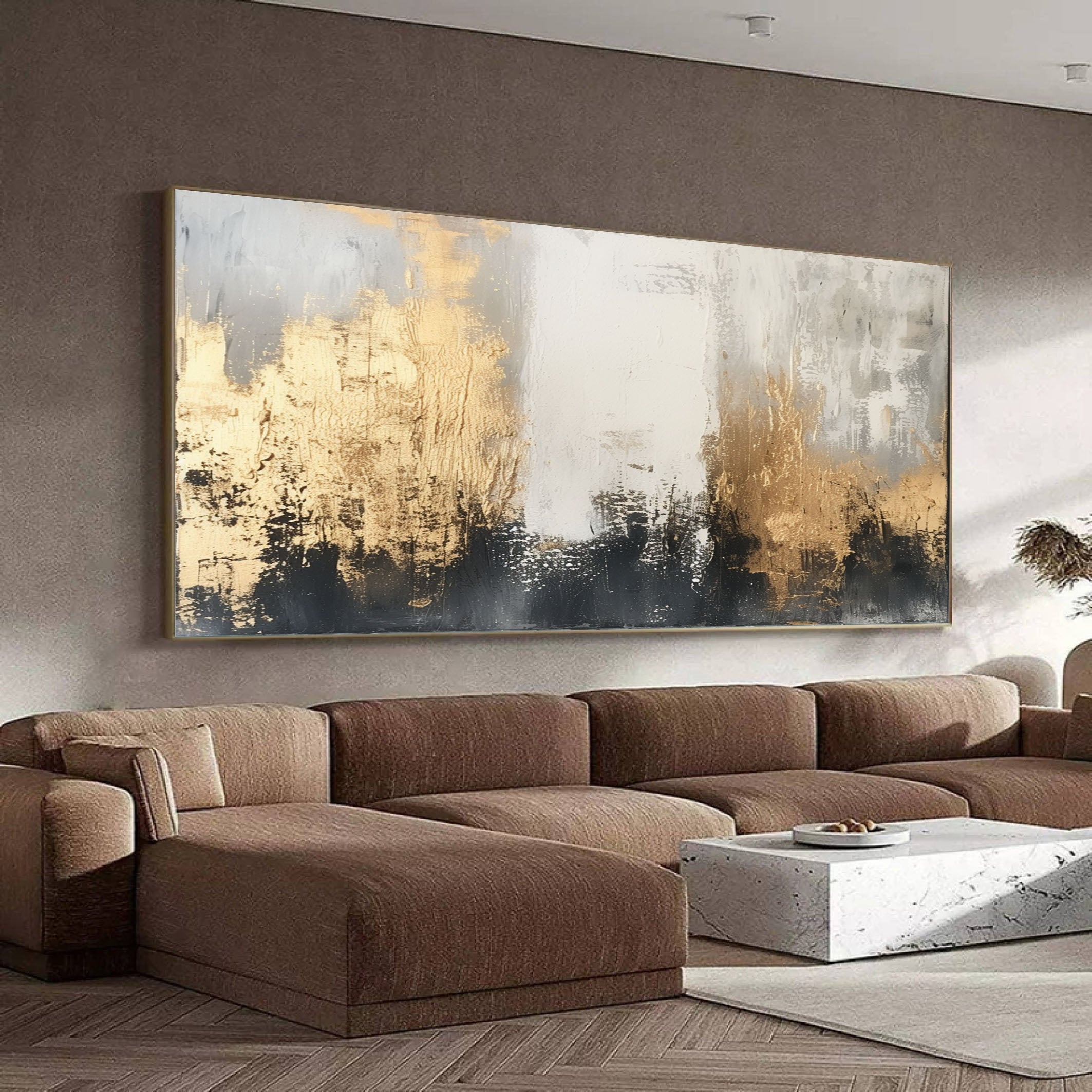 Contemporary Abstract Canvas Bold Brush Strokes in Gold and Black #AB016