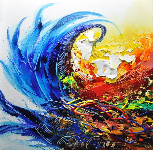 Dynamic Abstract Wave Painting in Bold Colors #AB036