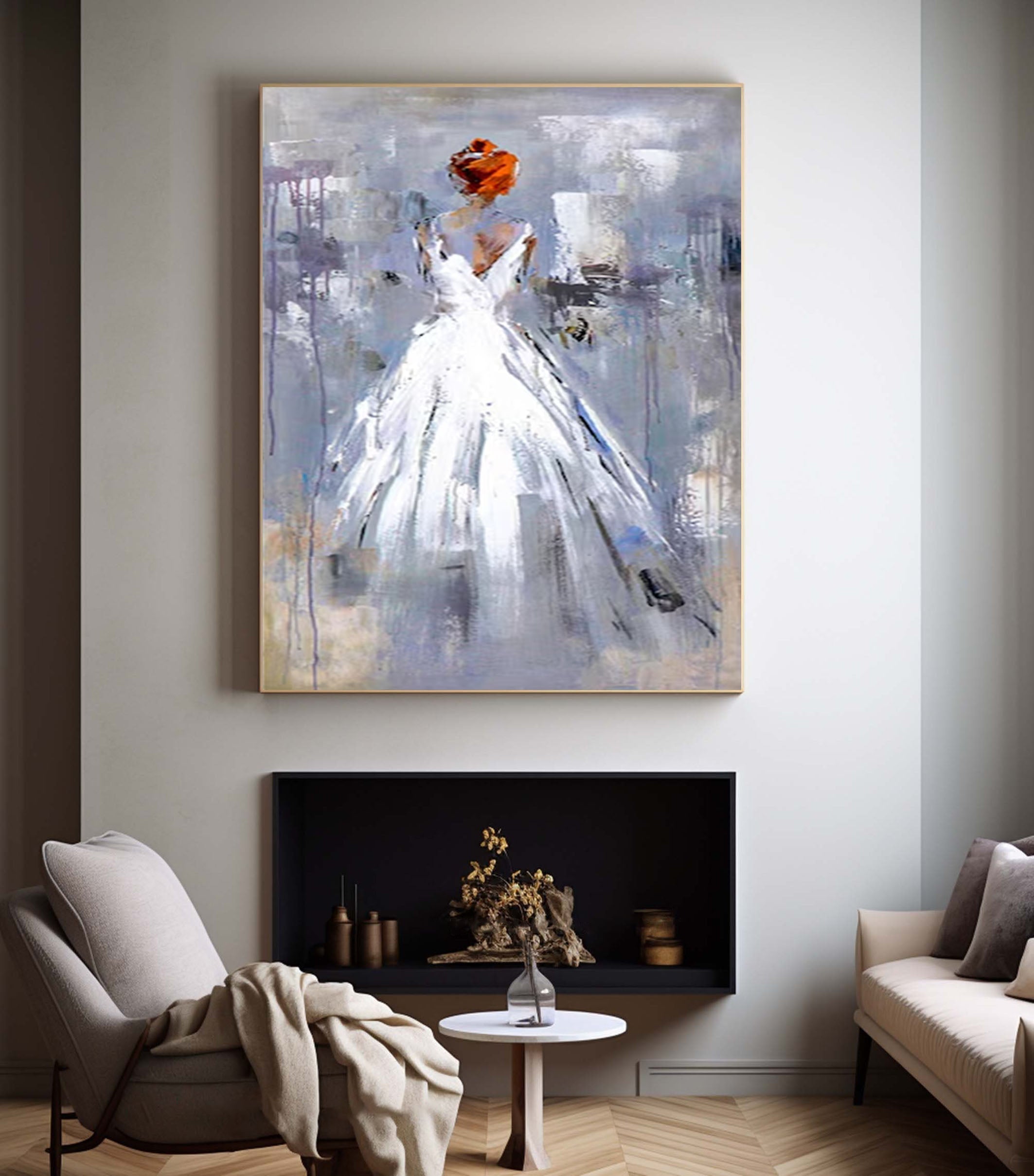 Hand-Painted Abstract Bride Art Unique Canvas Wall Art for Home #HF015