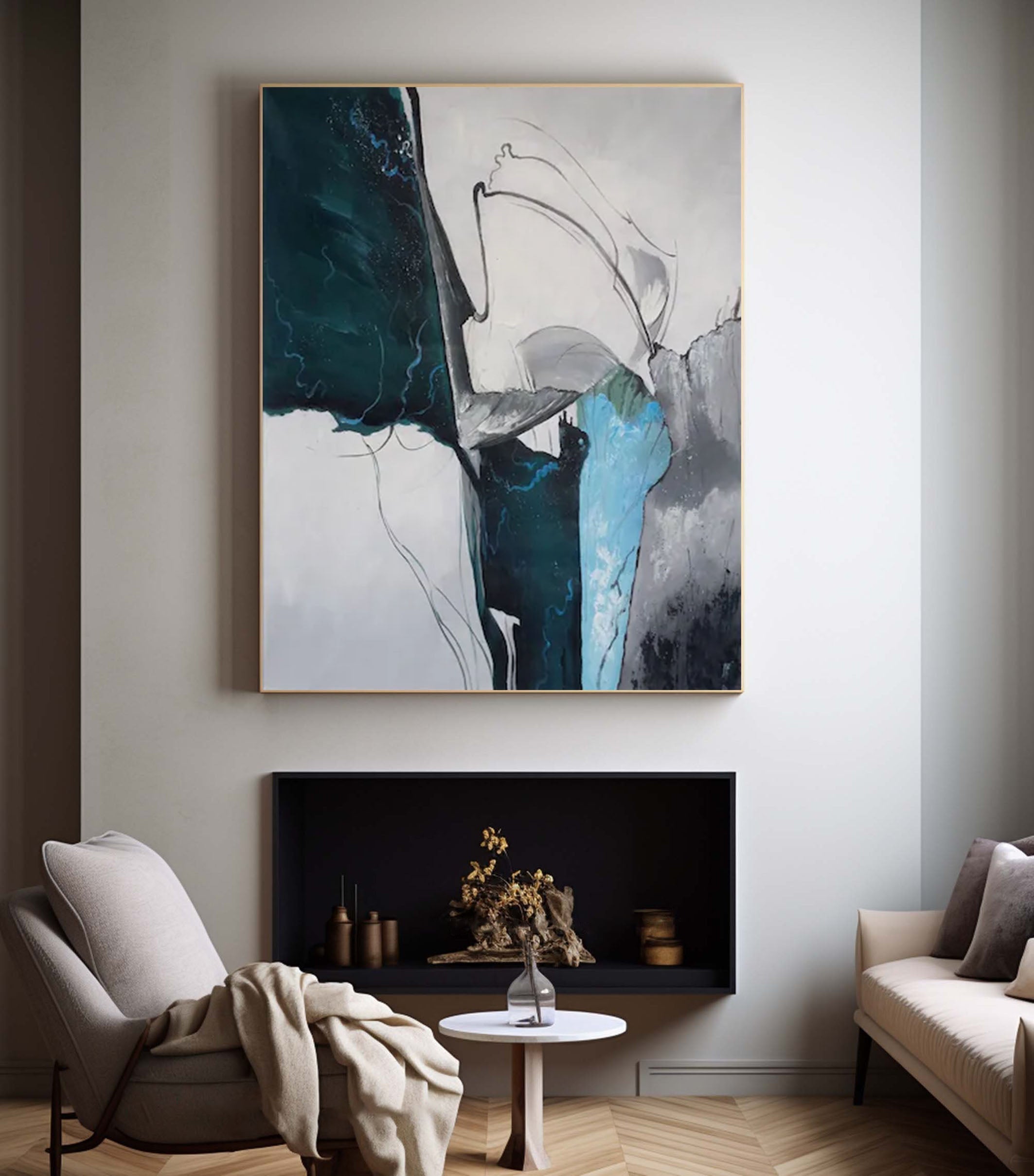 Large Abstract Wall Art with Blue and Gray Tones #MM164