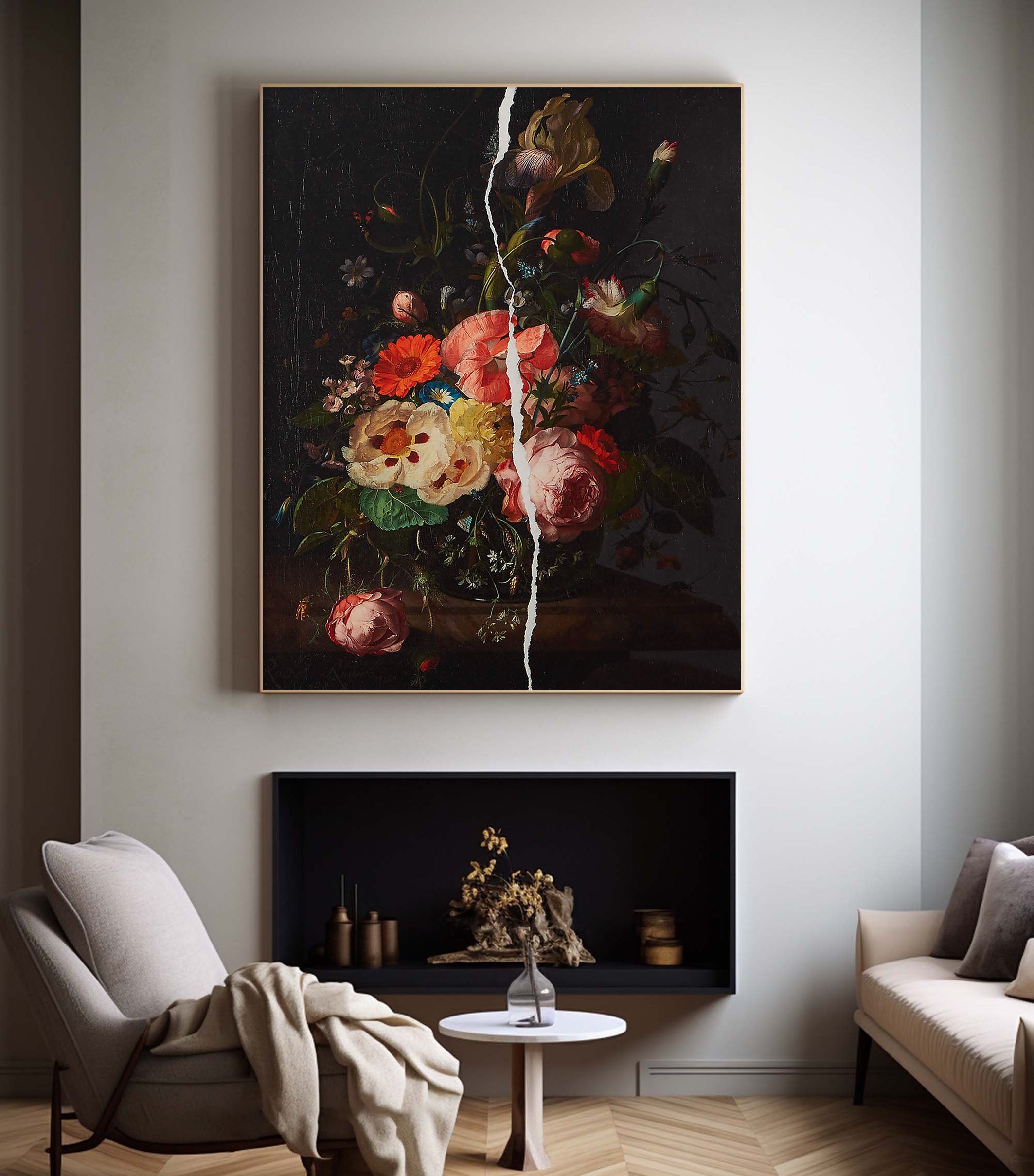 Dark Flowers and White Crack, Contemporary Wall Art #MM351