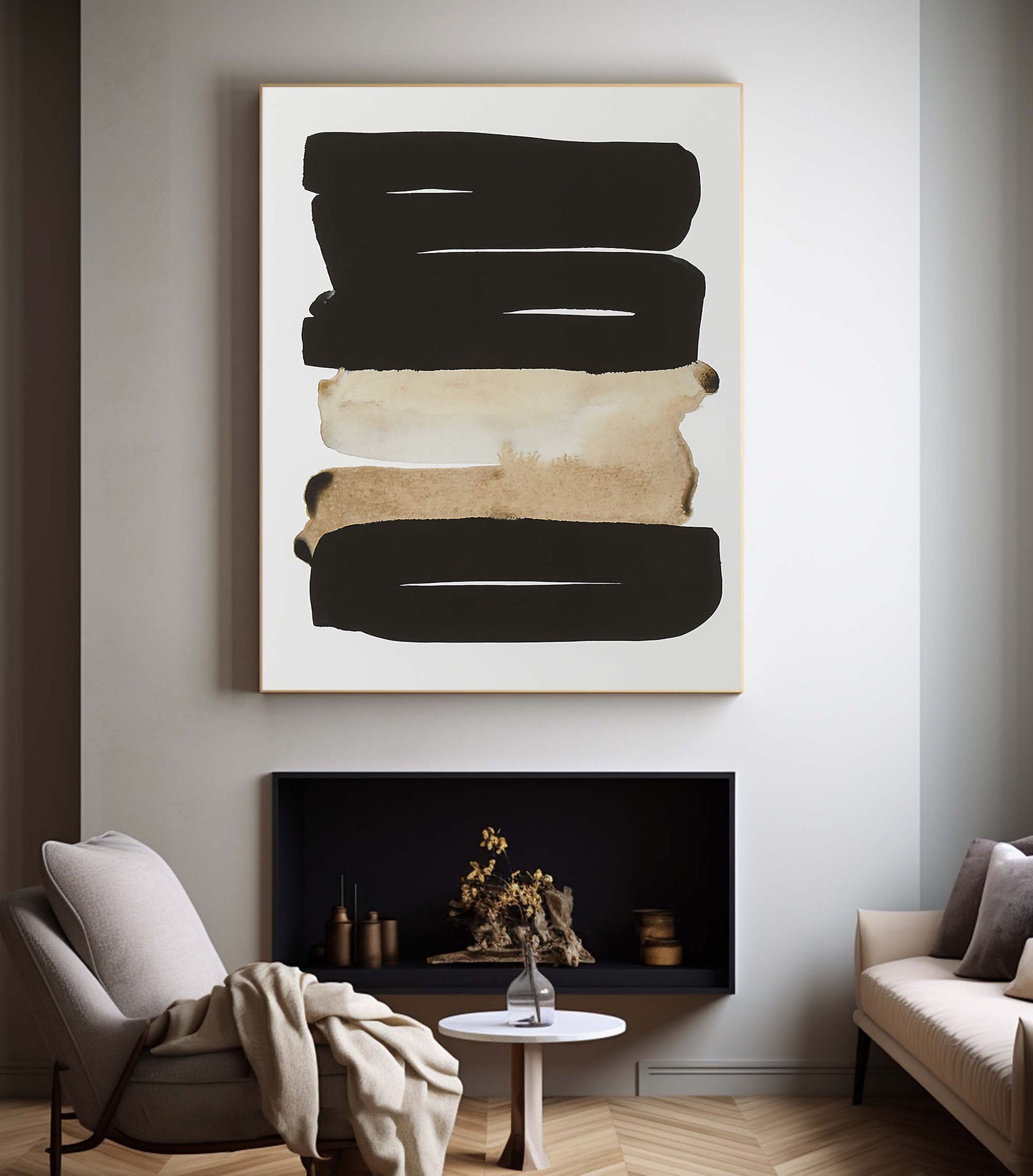 Graphic Abstract Painting, Black and Beige, Contemporary Design #MM354