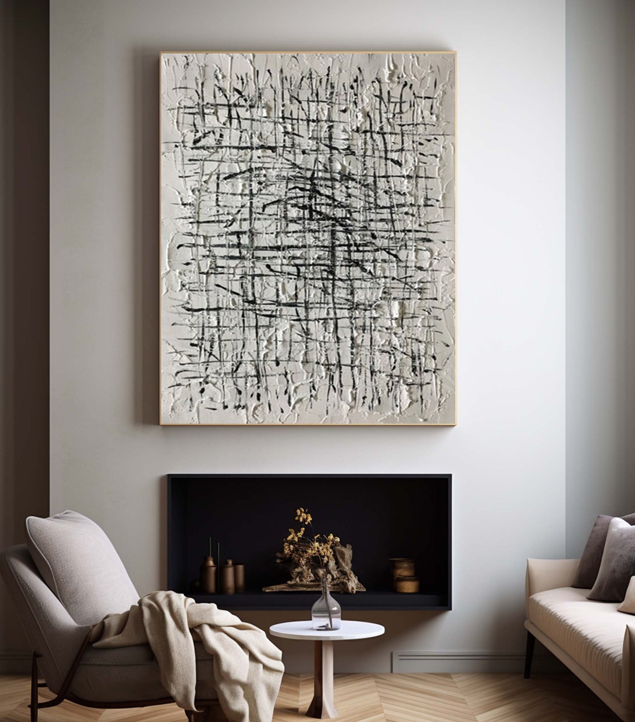 Textured Black & White Abstract Painting for Home Decor #AB045