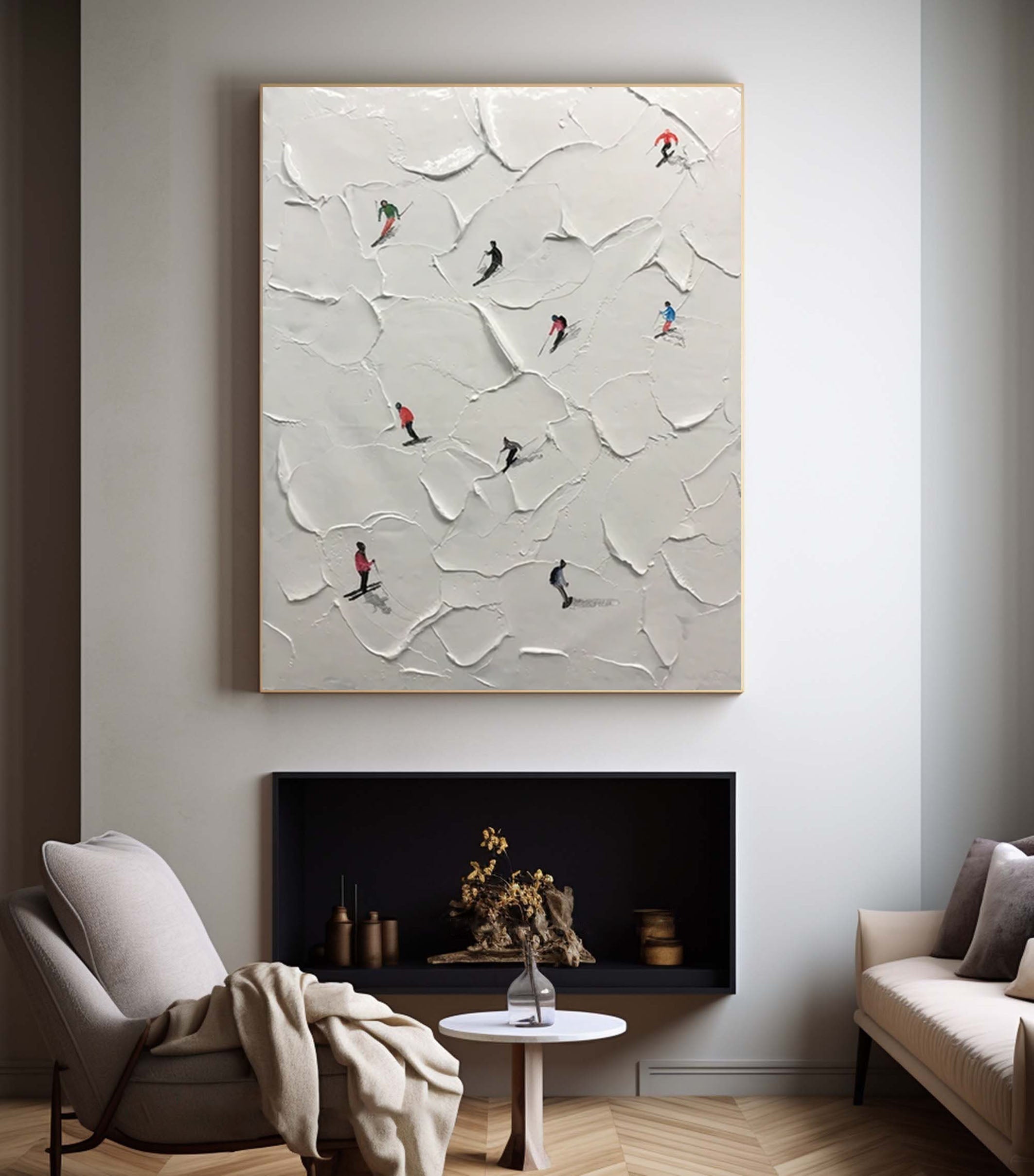 Dynamic Skiing Scene White Painting for Modern Interiors #SPA006