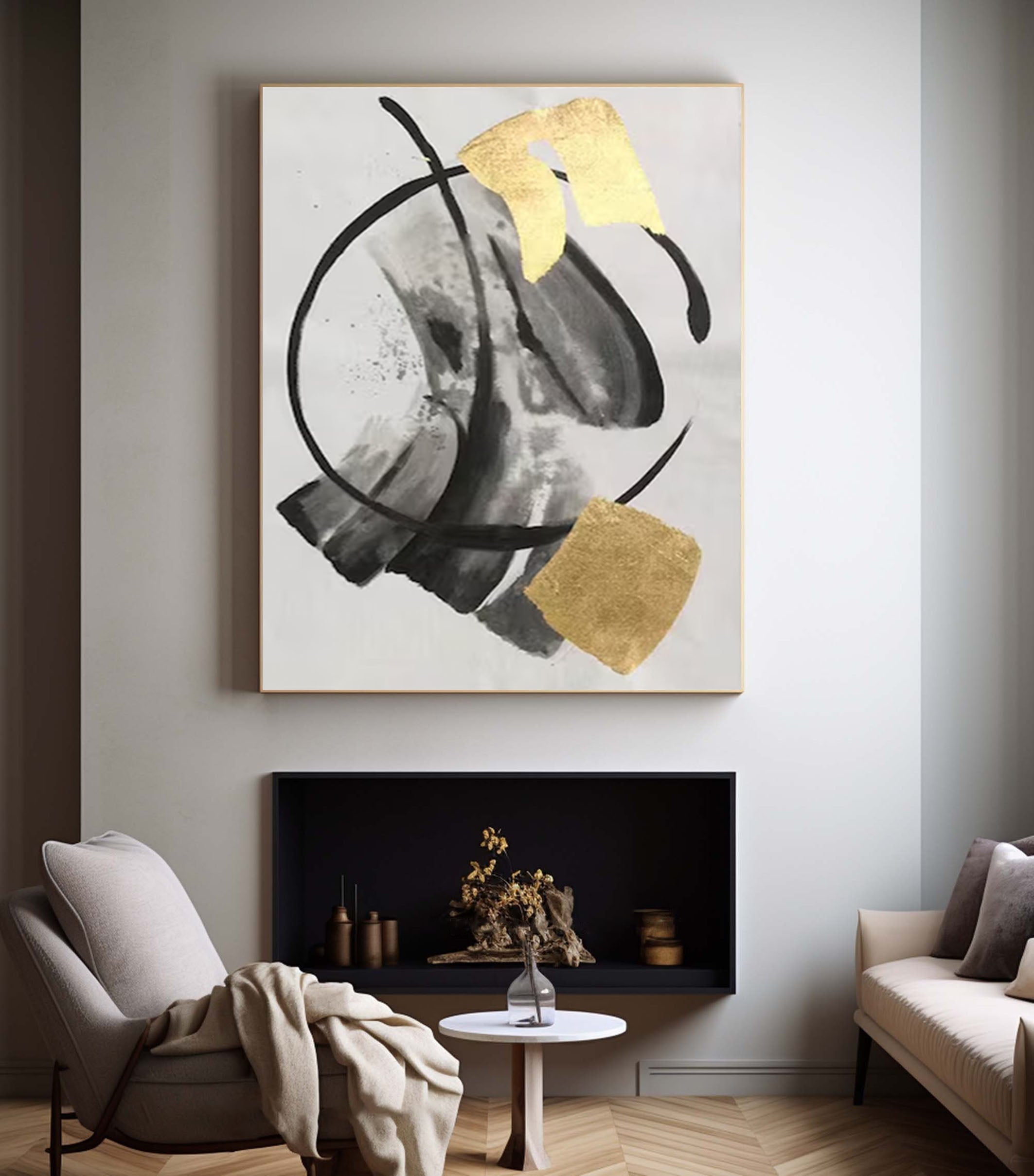 Large Abstract Canvas Art in Gold and Black Tones #AB041