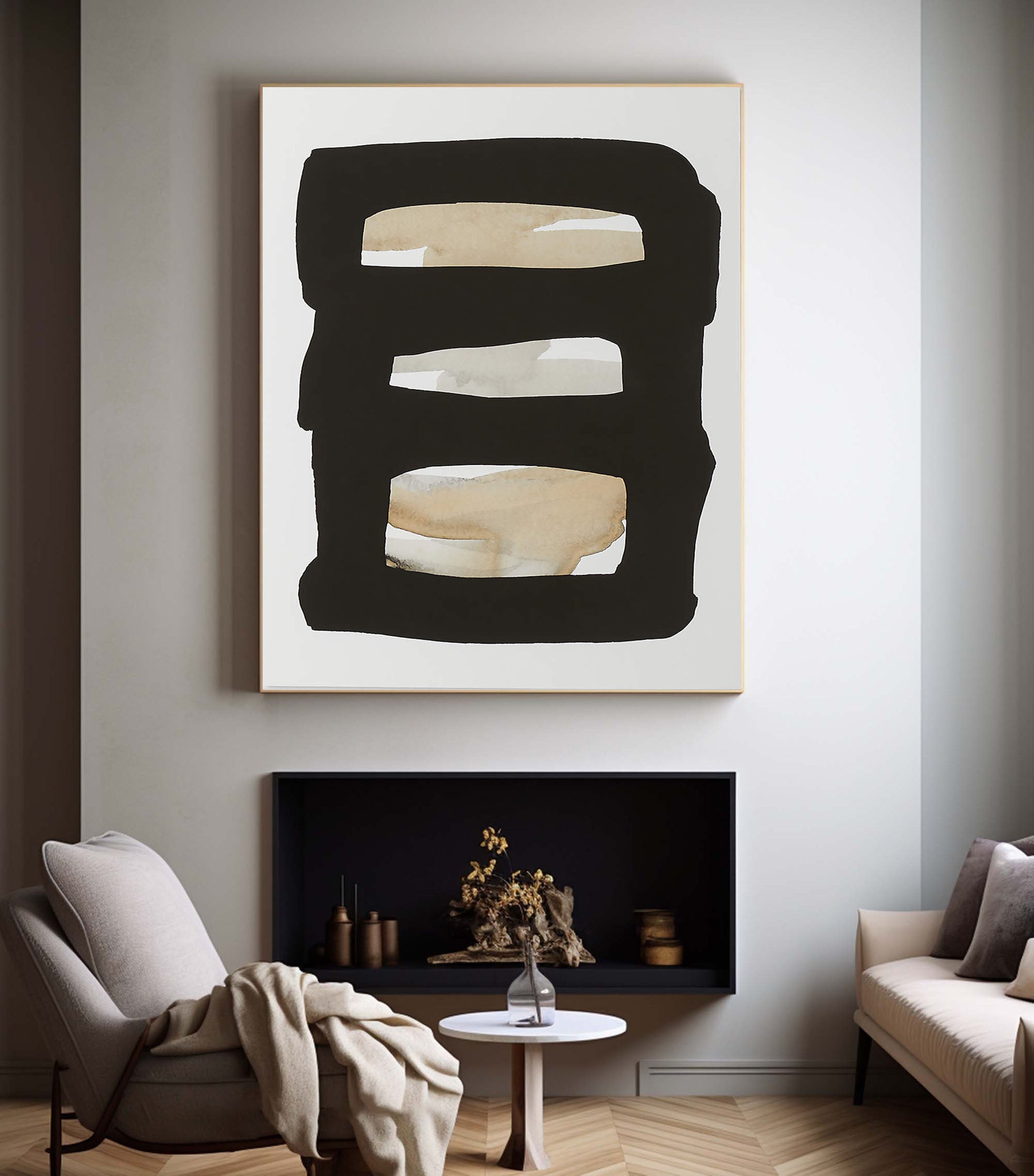 Framed Neutral Bands Abstract, Black and Beige, Minimalist Art #MM358