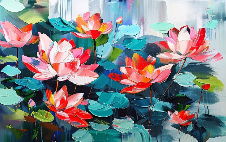 Large Lotus Flower Wall Art Vibrant Canvas Painting  #FB011