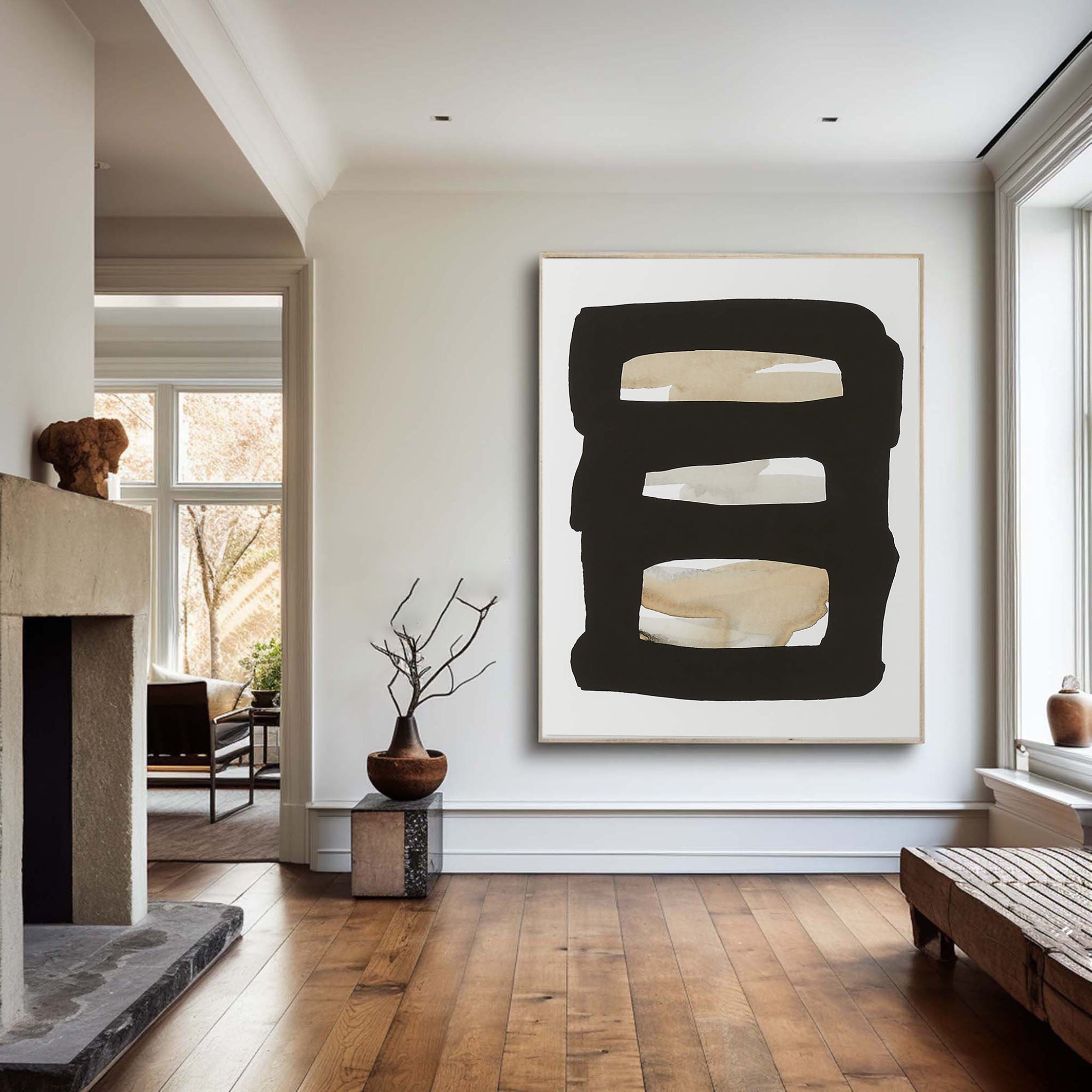 Framed Neutral Bands Abstract, Black and Beige, Minimalist Art #MM358