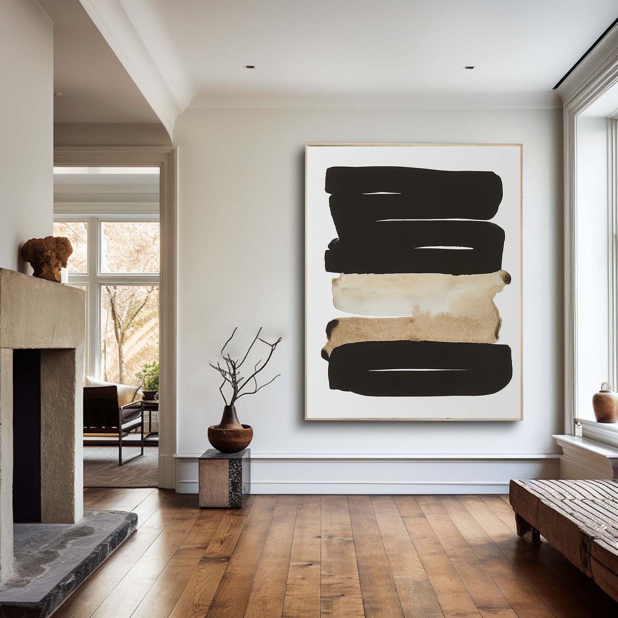 Graphic Abstract Painting, Black and Beige, Contemporary Design #MM354