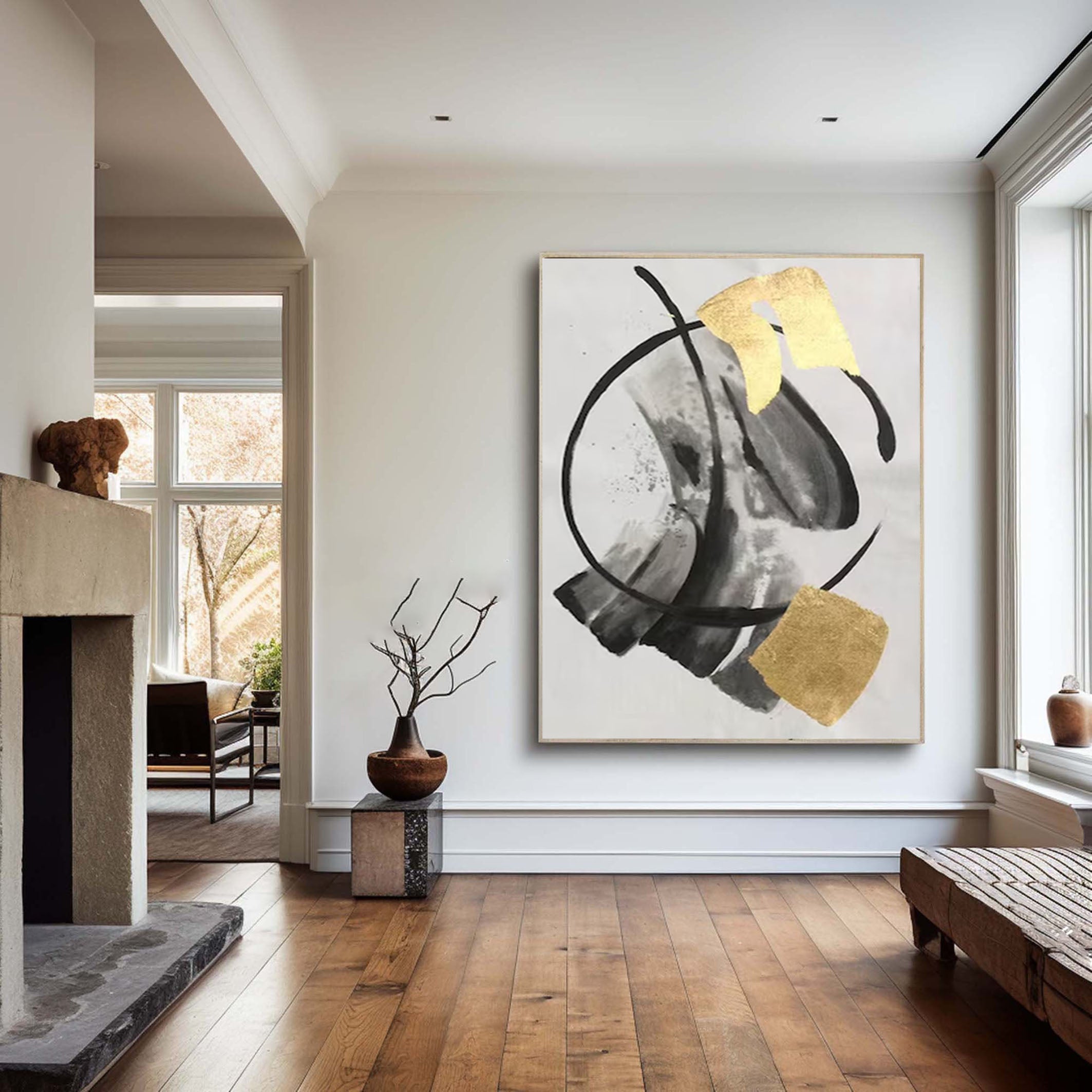 Large Abstract Canvas Art in Gold and Black Tones #AB041