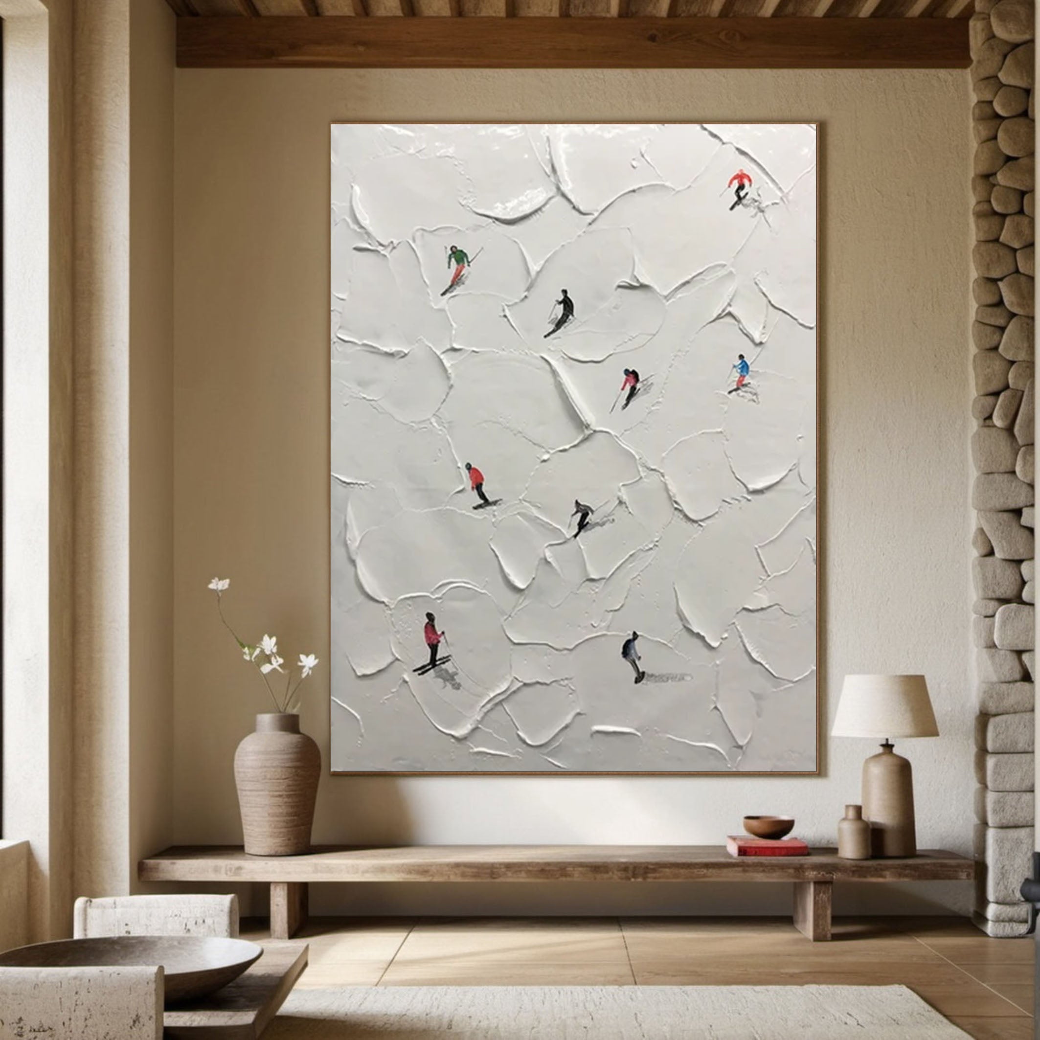 Dynamic Skiing Scene White Painting for Modern Interiors