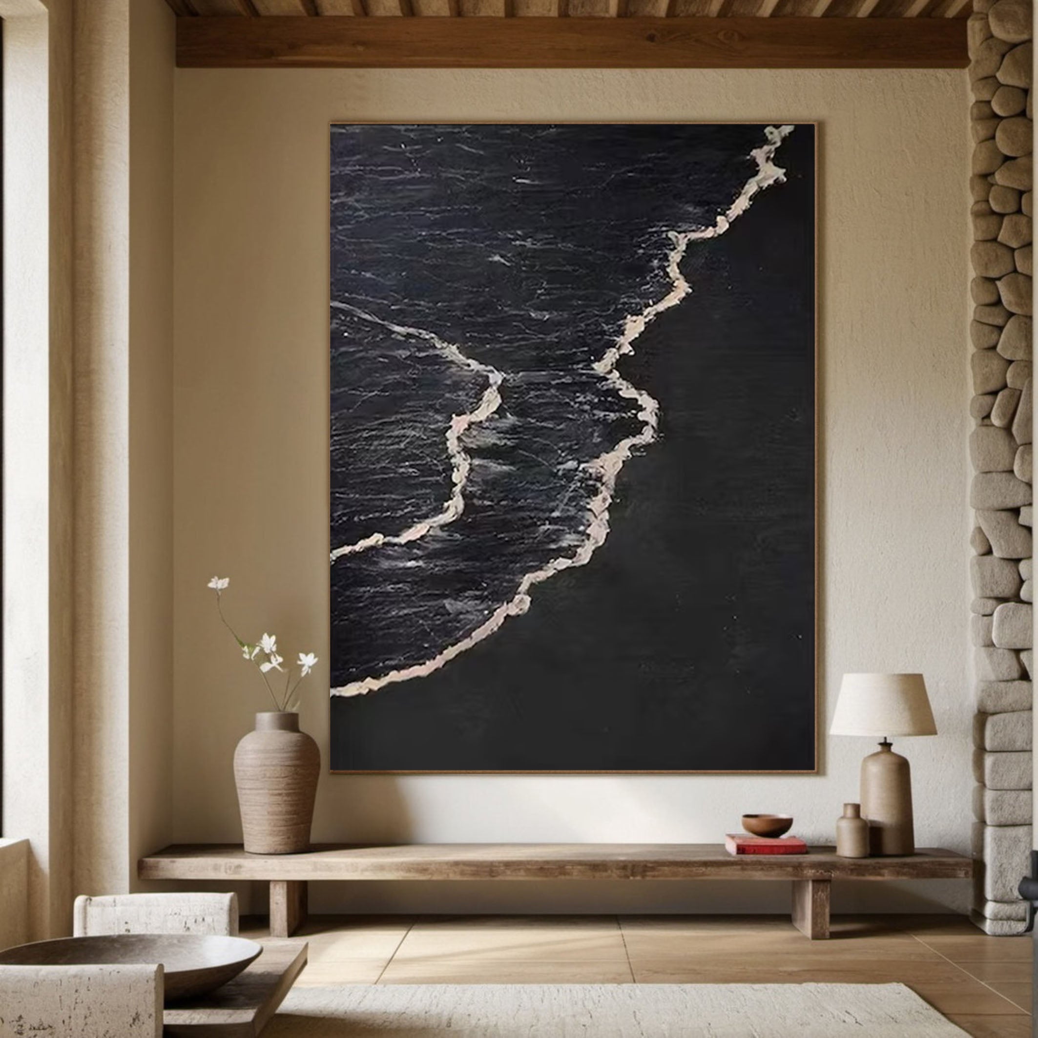 Abstract Black and White Canvas Textured Coastal Wall Art