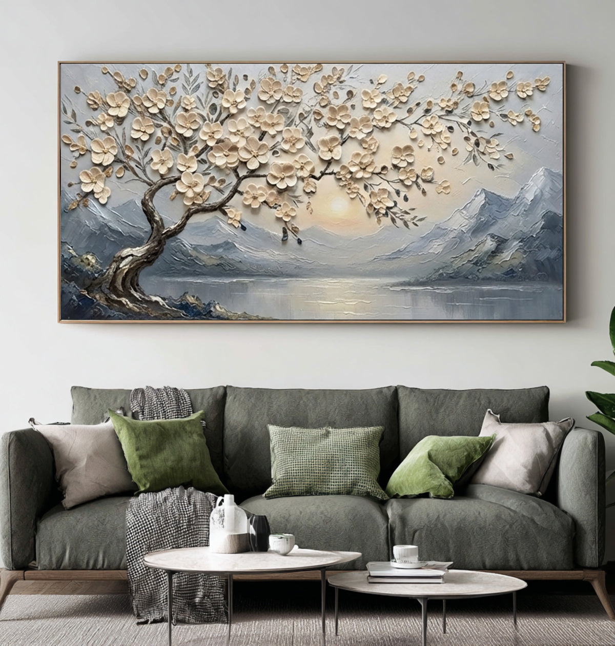 Large Textured Blossom Tree Painting Mountain Lake Living Room Wall Art