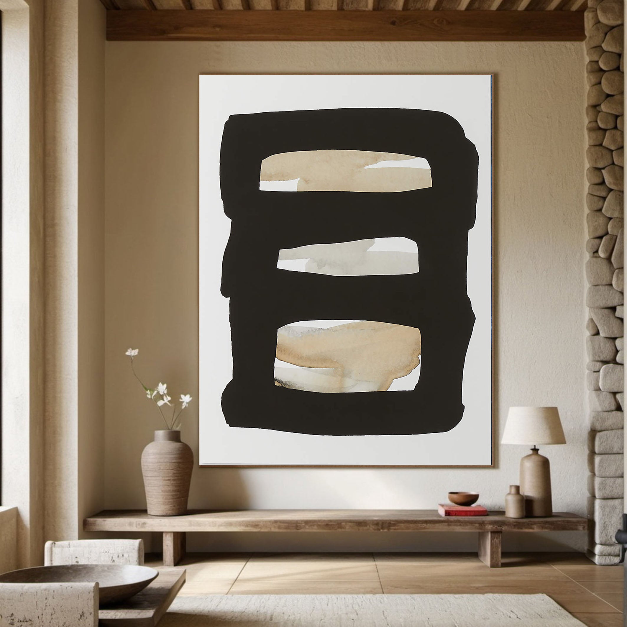 Framed Neutral Bands Abstract, Black and Beige, Minimalist Art #MM358