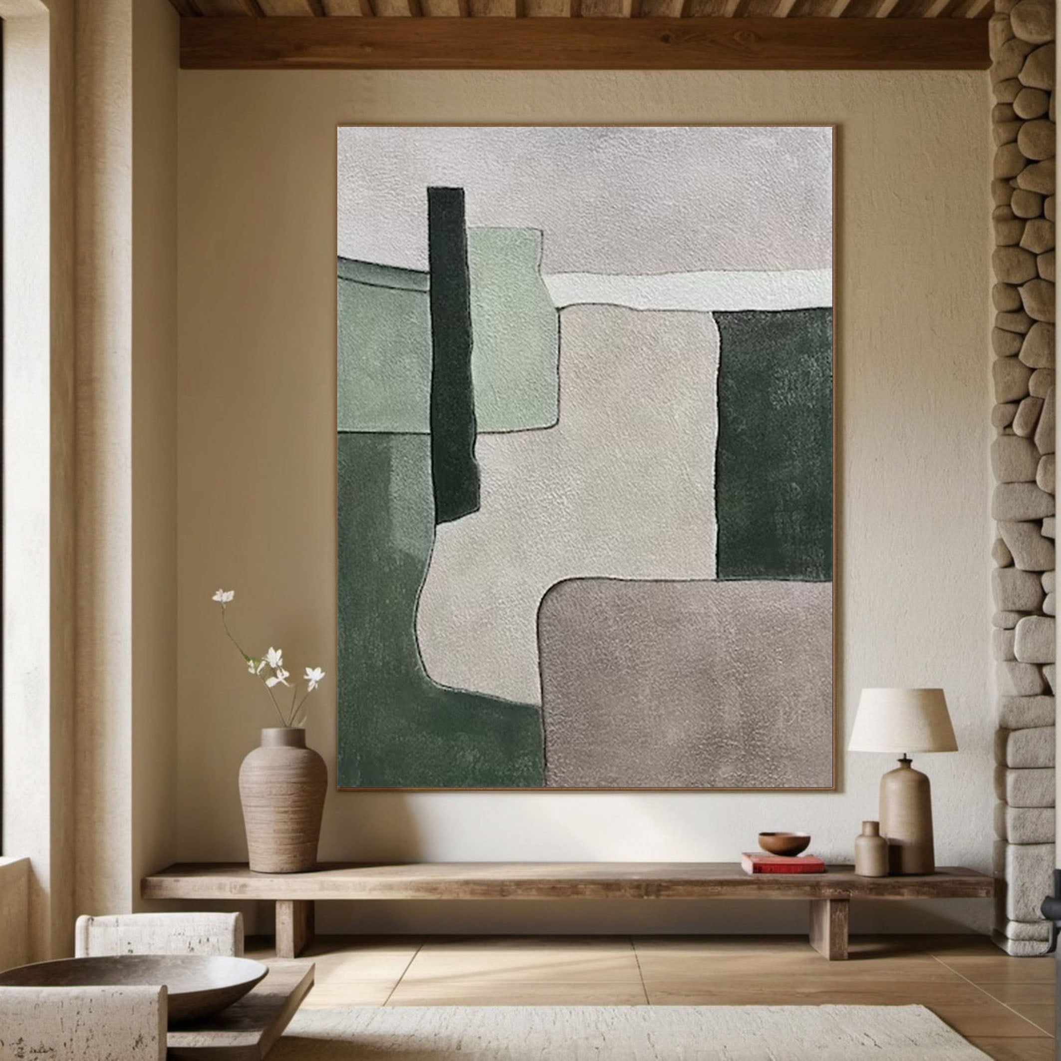 Minimalist Green and Neutral Abstract Painting