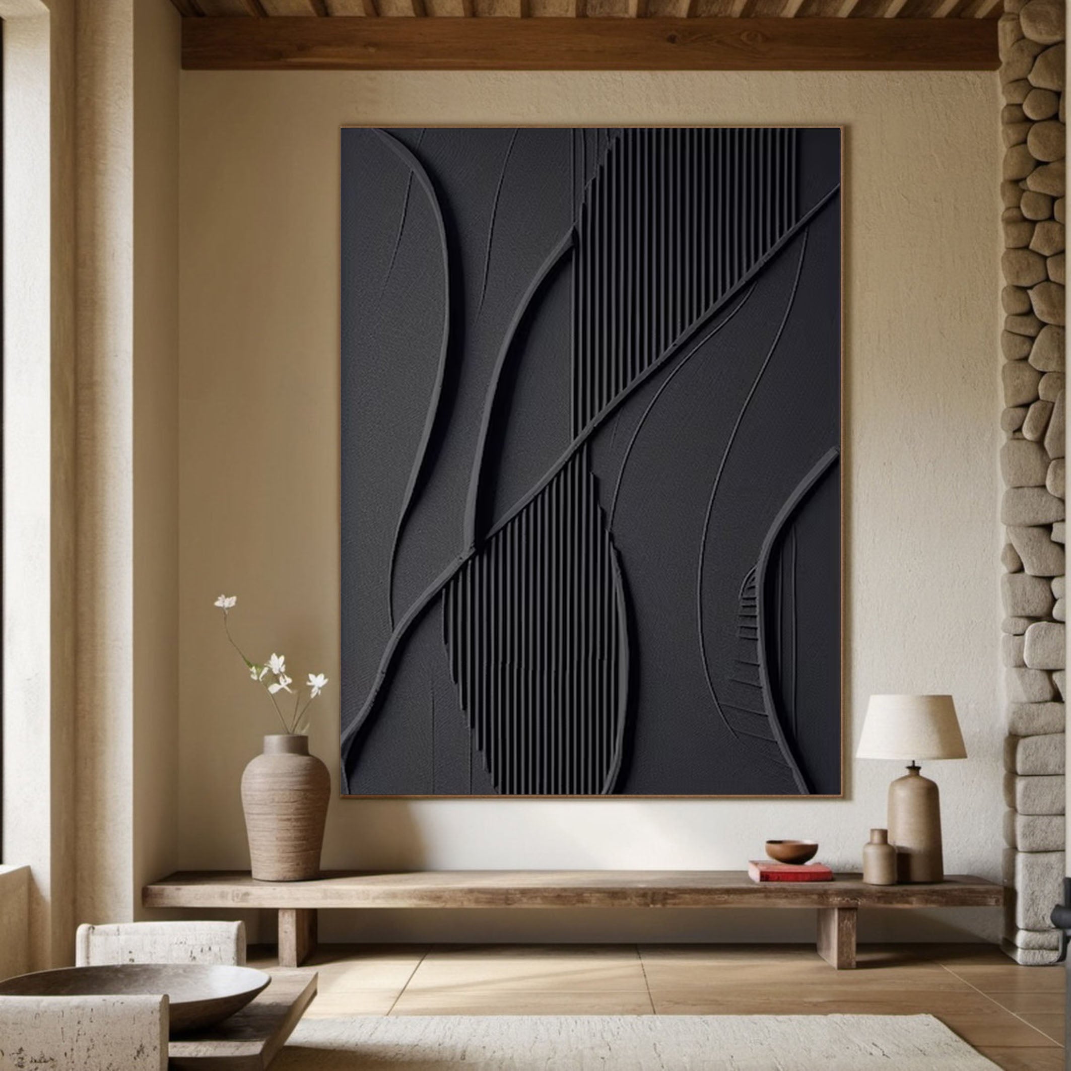 Modern Black 3D Textured Canvas Painting By Hand