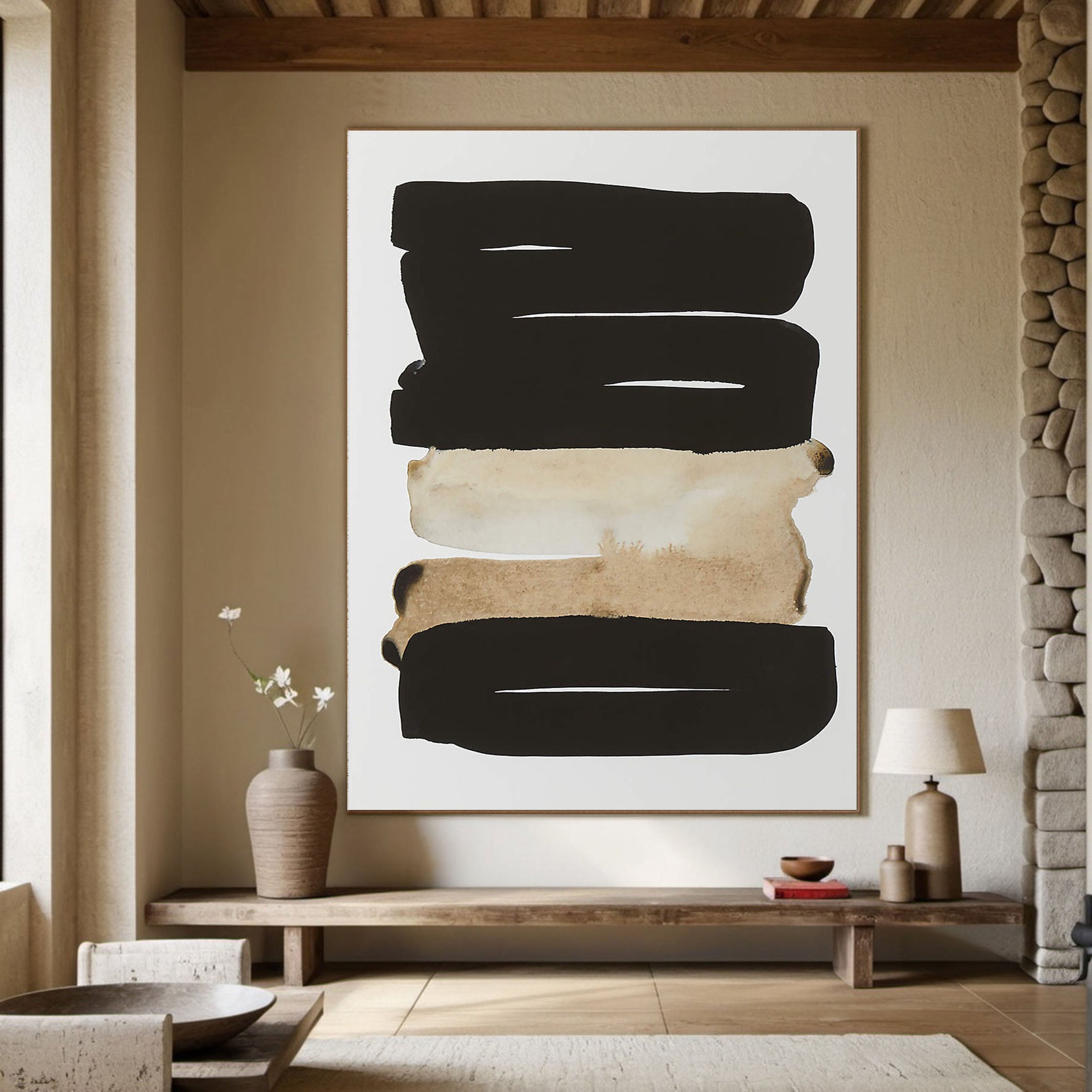 Graphic Abstract Painting, Black and Beige, Contemporary Design #MM354