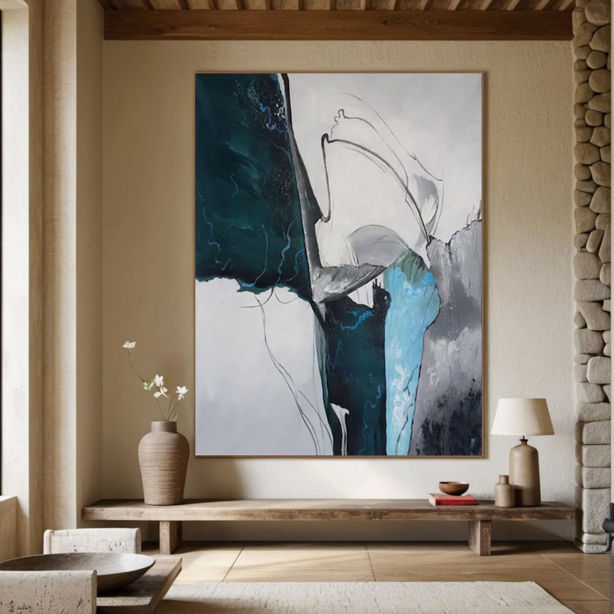 Large Abstract Wall Art with Blue and Gray