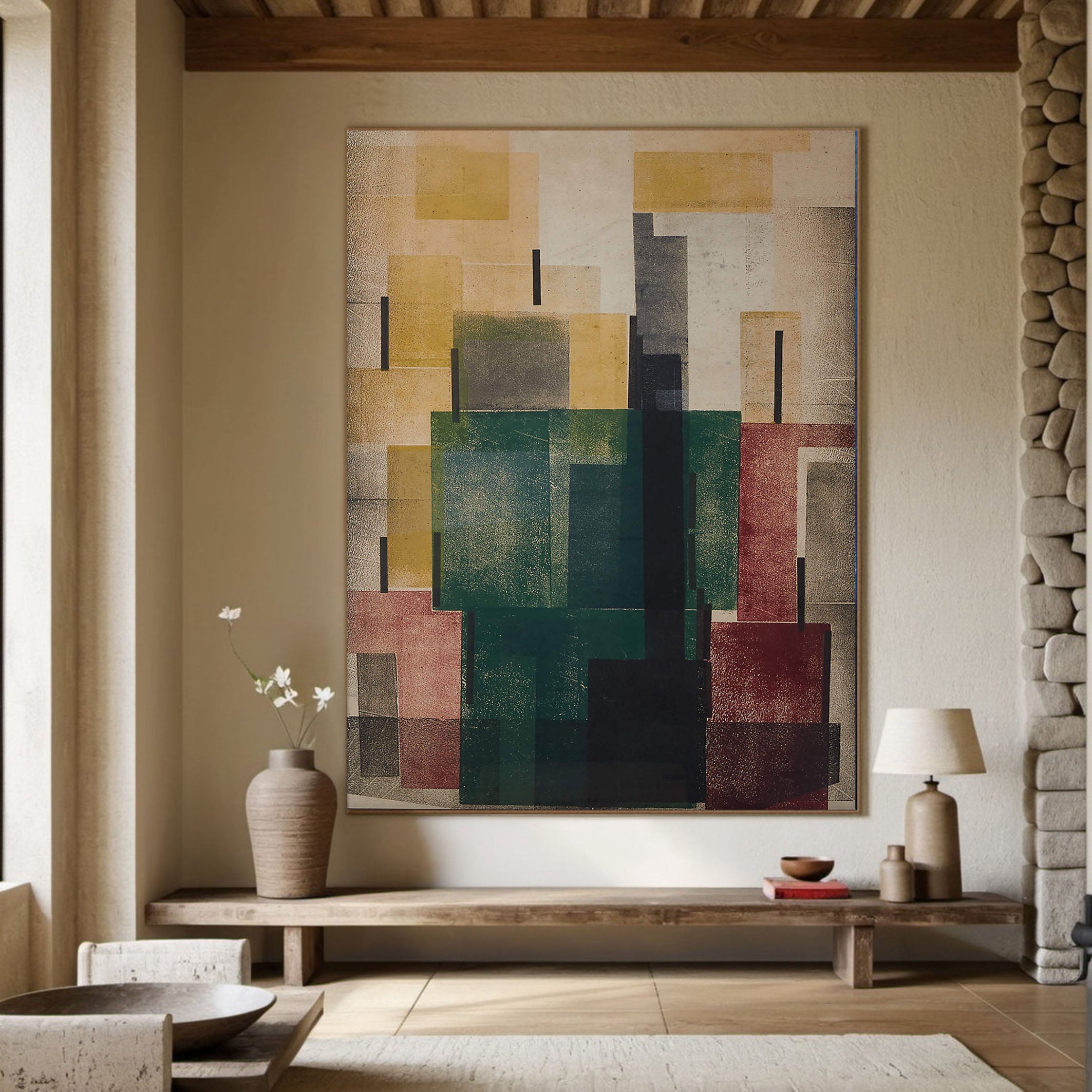 Earth Tones Architectural Abstract Painting With Geometric Form #MM359