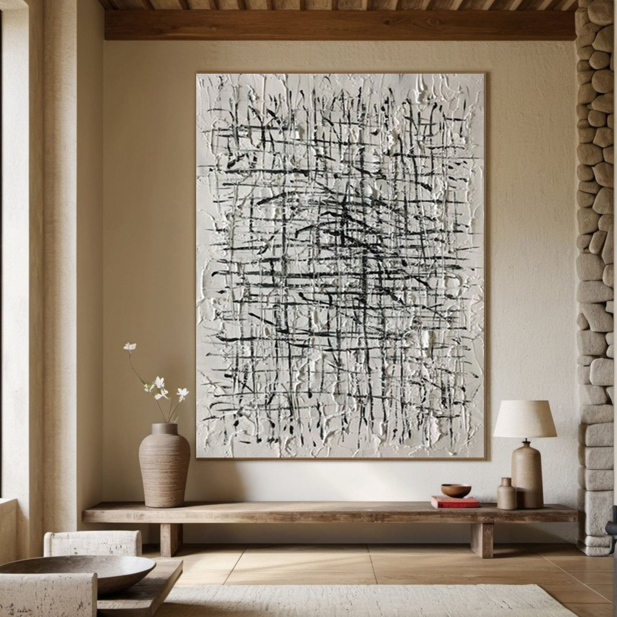 Textured Black & White Abstract Painting