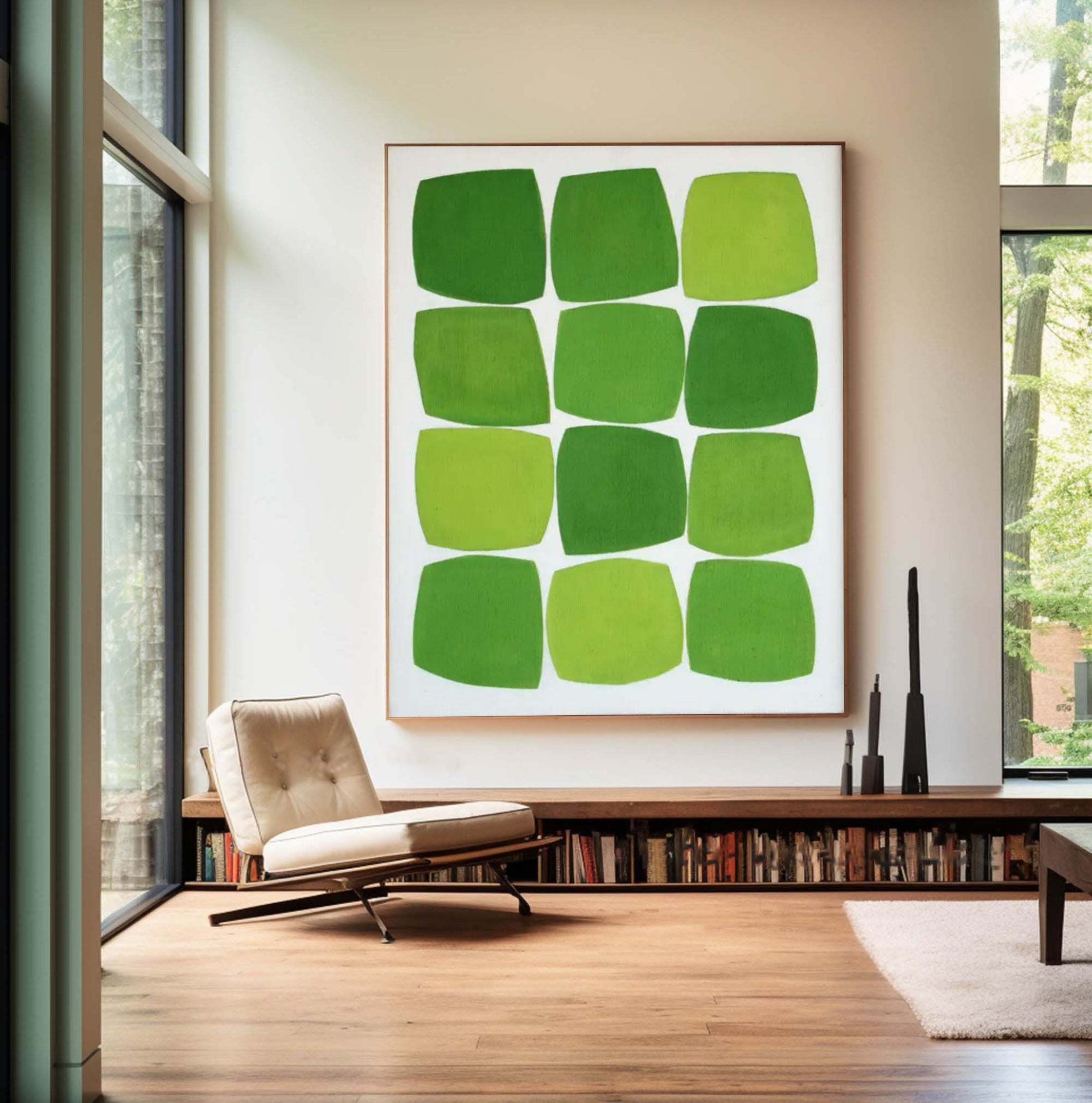 Contemporary Green Squares Abstract Painting Minimalist Design #AB019