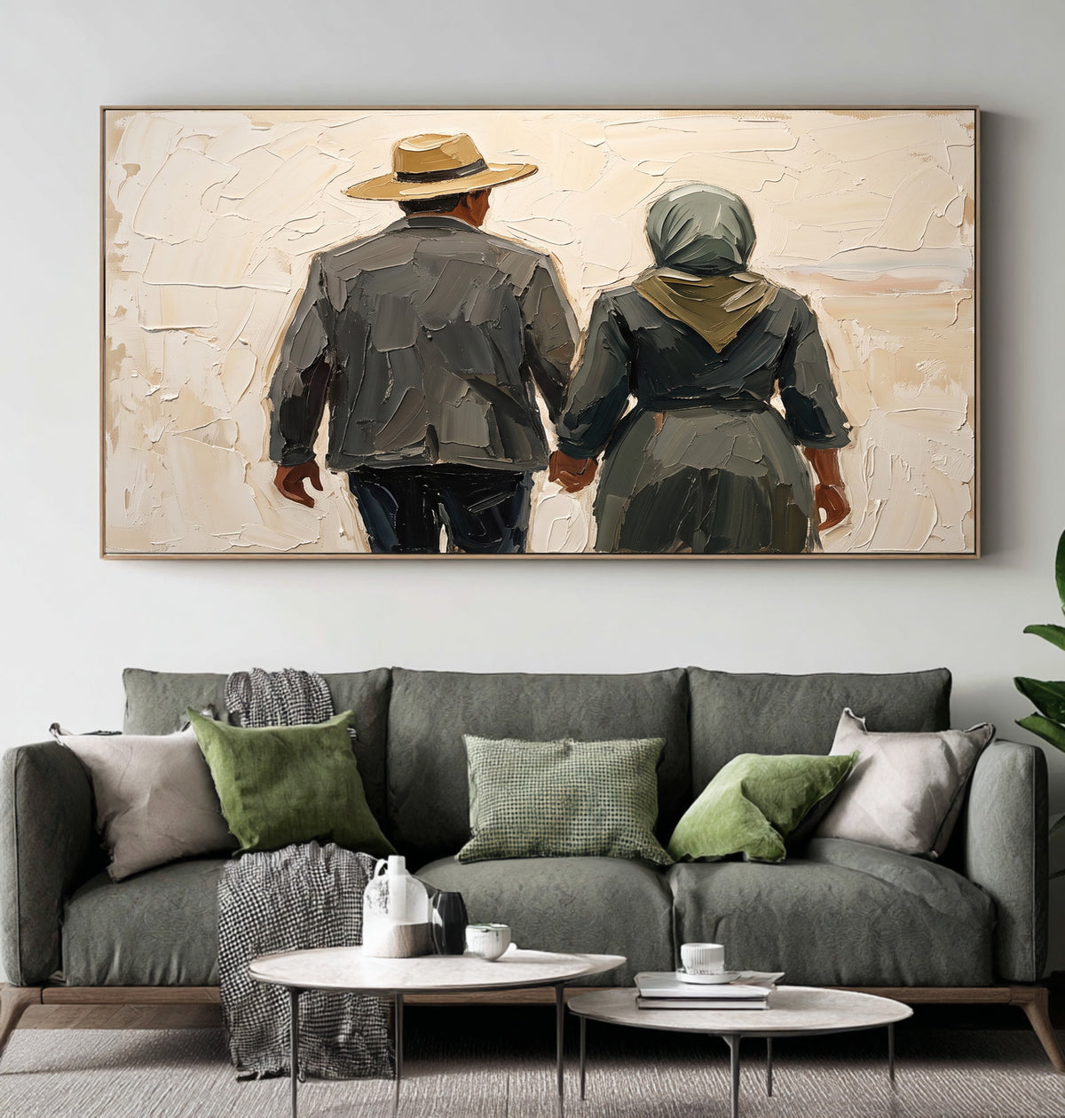 Large Textured Romantic Couple Painting Hand in Hand Love Wall Art