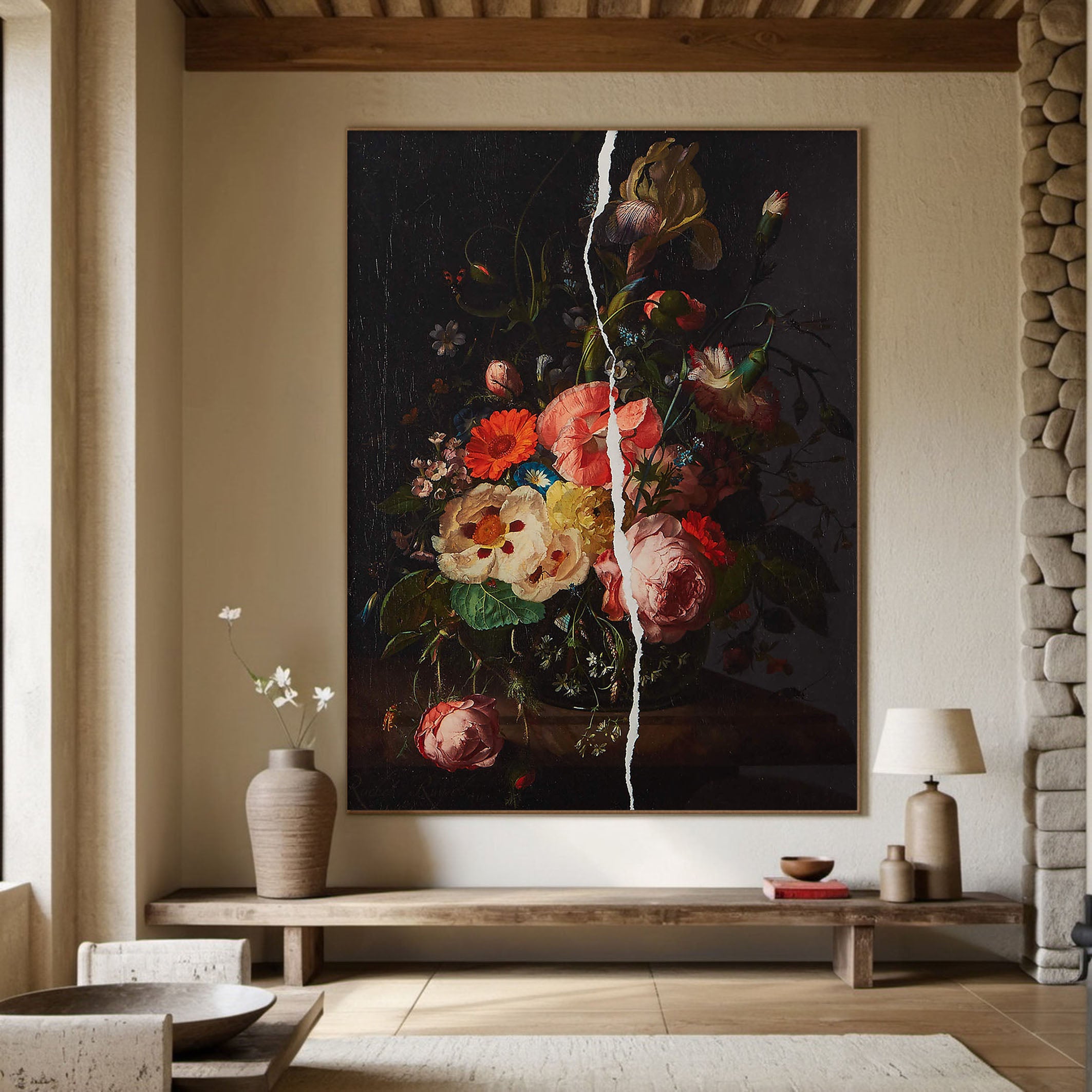 Dark Flowers and White Crack, Contemporary Wall Art #MM351