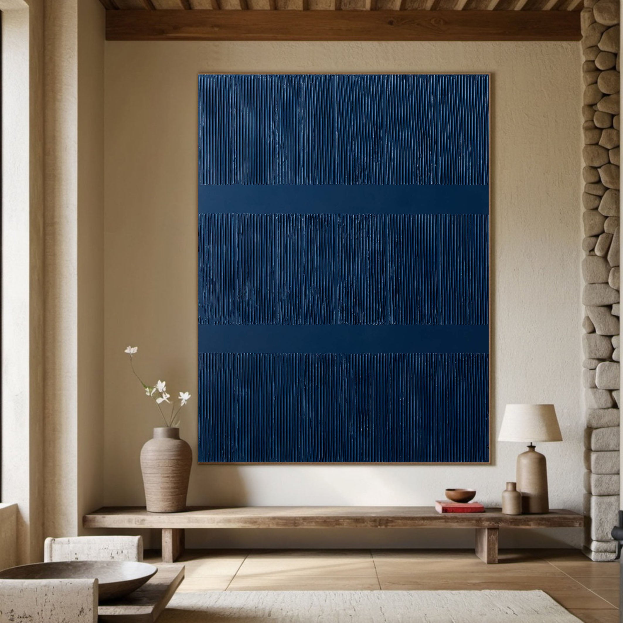 Large Blue Abstract Canvas With Structured Texture #MM348