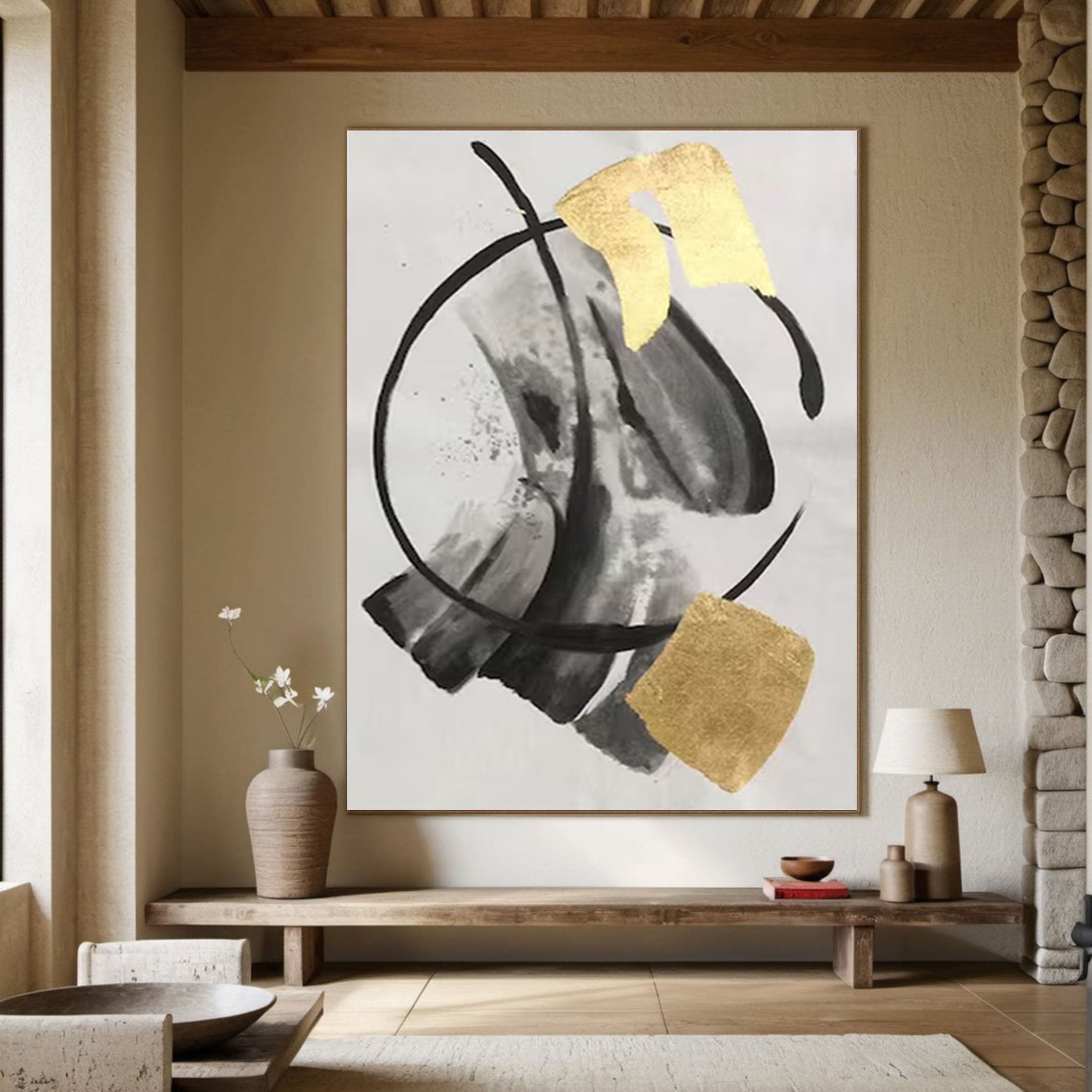 Large Abstract Canvas Art in Gold and Black Tones