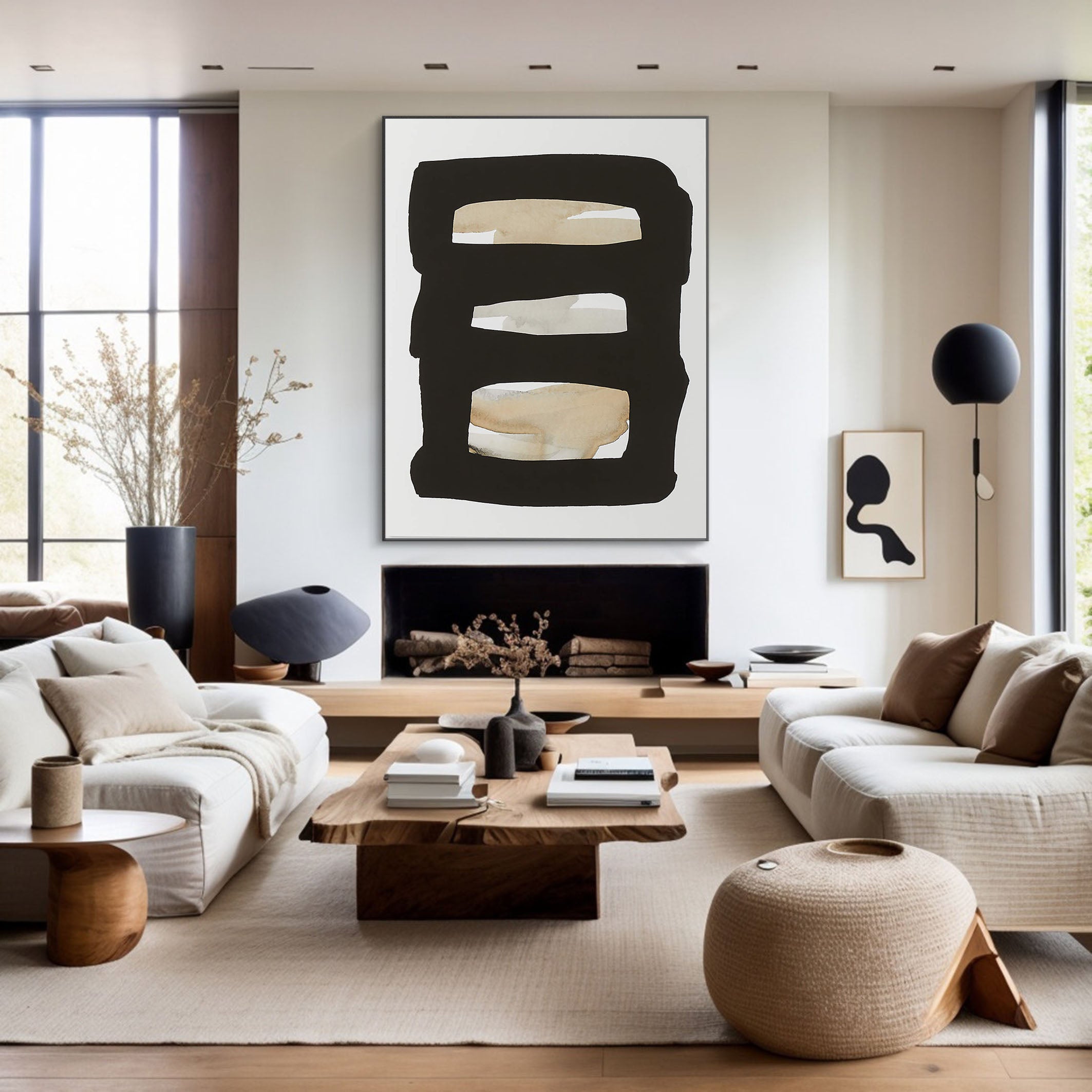 Framed Neutral Bands Abstract, Black and Beige, Minimalist Art #MM358