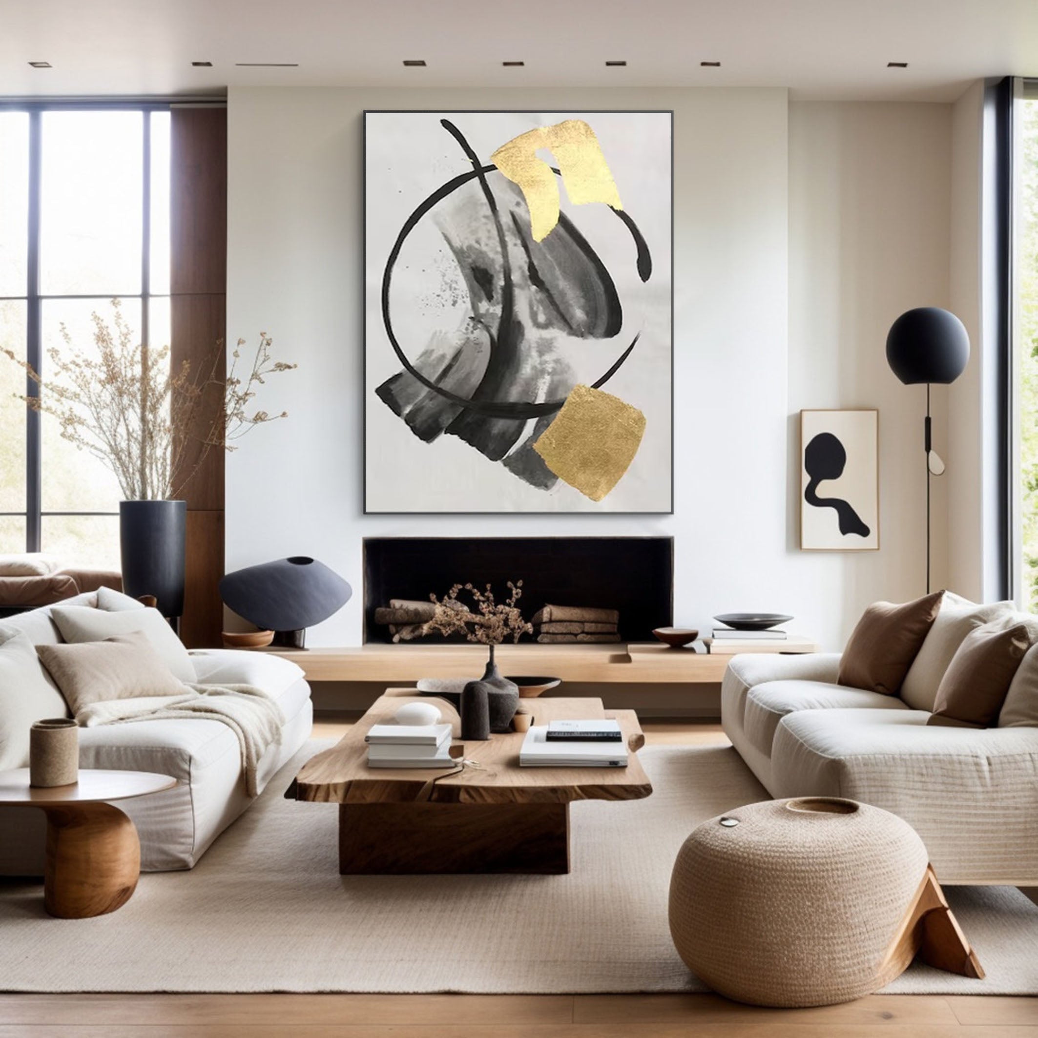 Large Abstract Canvas Art in Gold and Black Tones #AB041