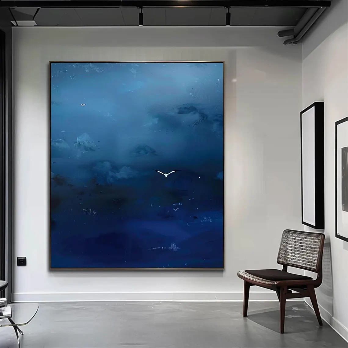 Misty Blue Tonalist Abstract Atmospheric Painting with Birds #MM245