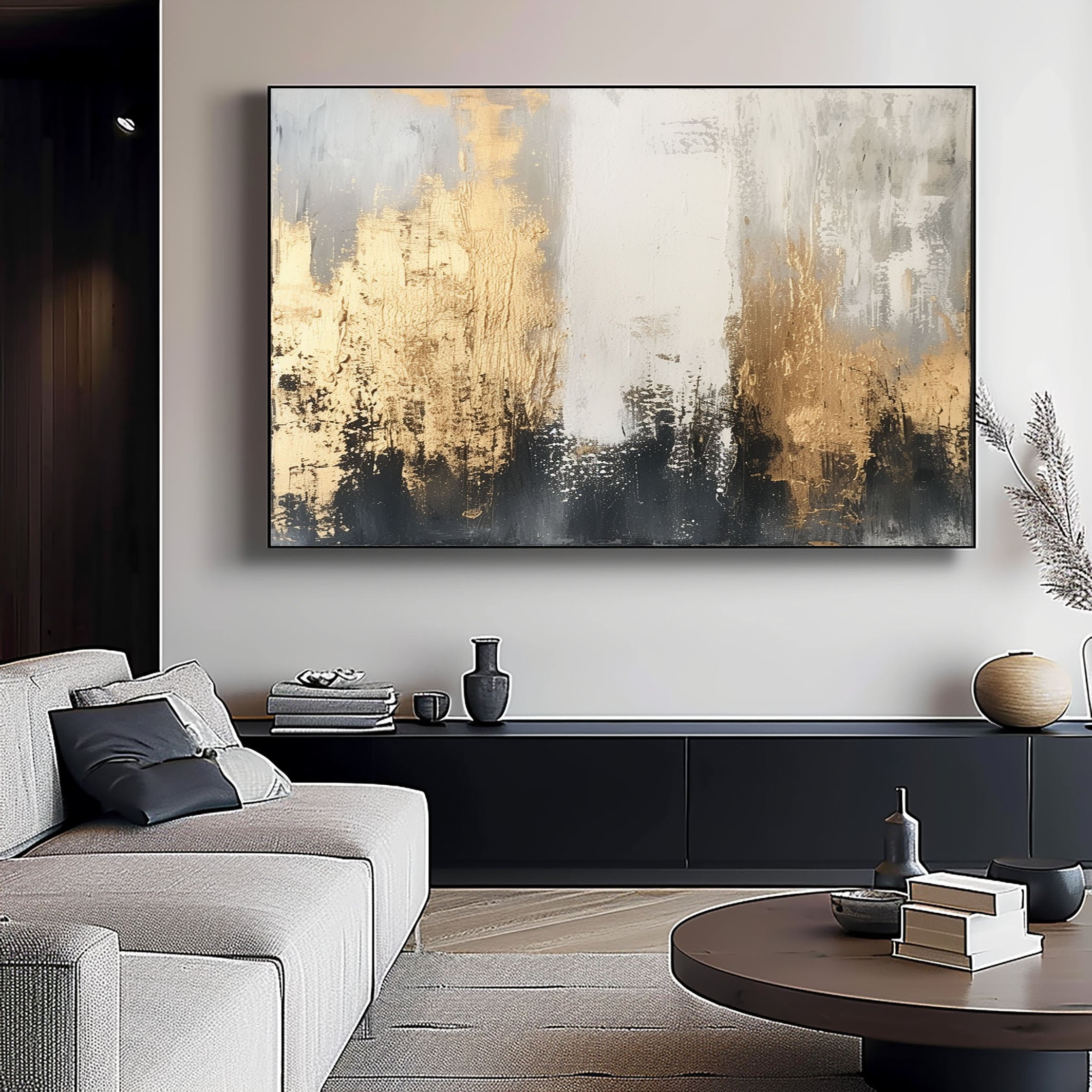 Contemporary Abstract Canvas Bold Brush Strokes in Gold and Black #AB016