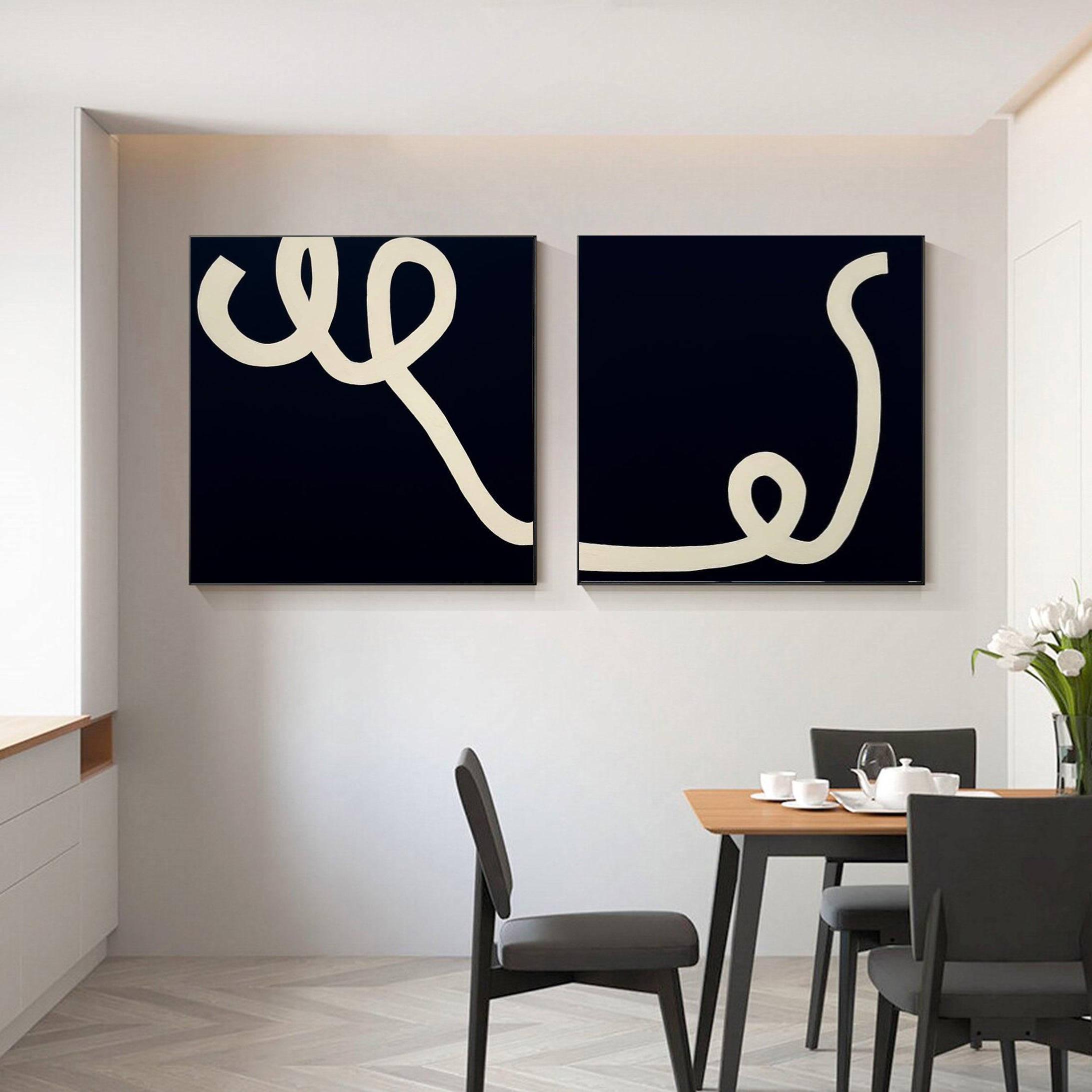 Modern Abstract Line Art Duo Minimalist Black and White Canvas #MMS012