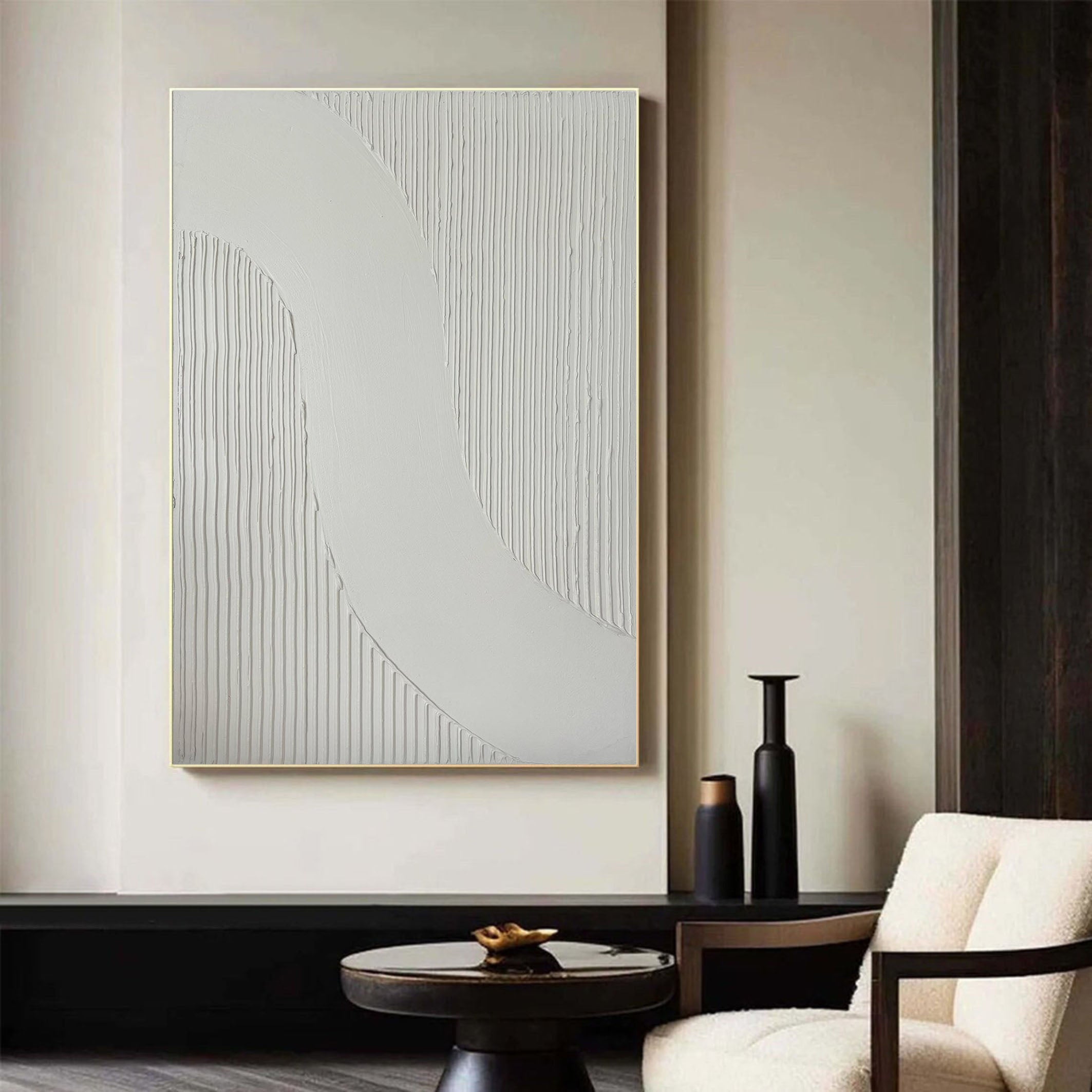 Minimalist Wave Textured White Abstract Painting #MM099