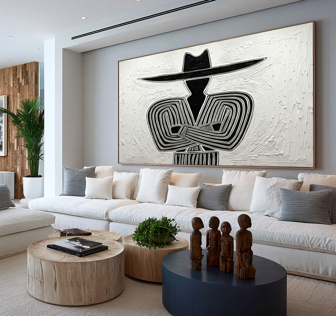 Large Oil Painting Textured Cowboy Minimalist Abstract Black White Western Art