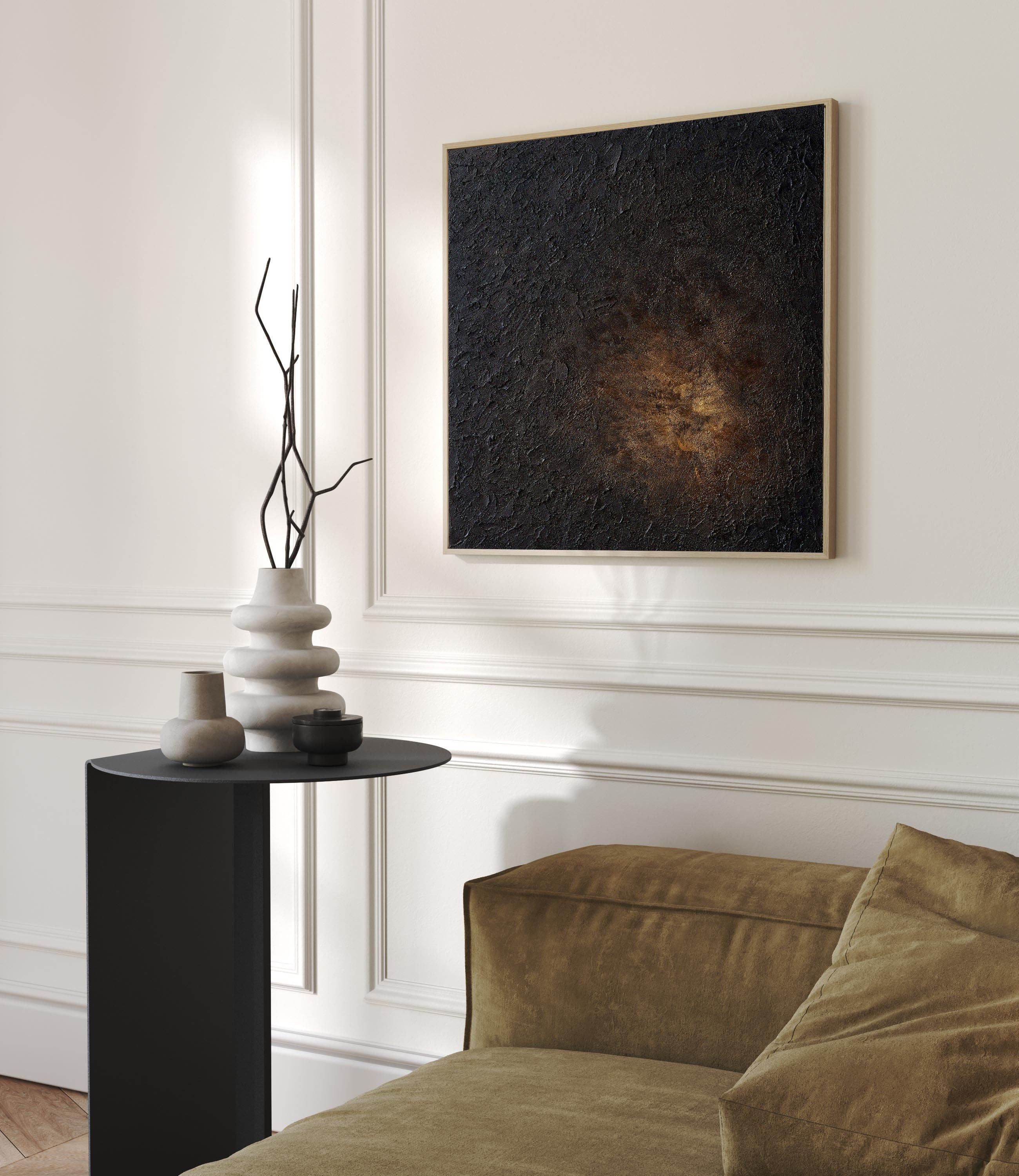 Textured Dark Abstraction with Glimmering Light, Impasto Canvas #MM393